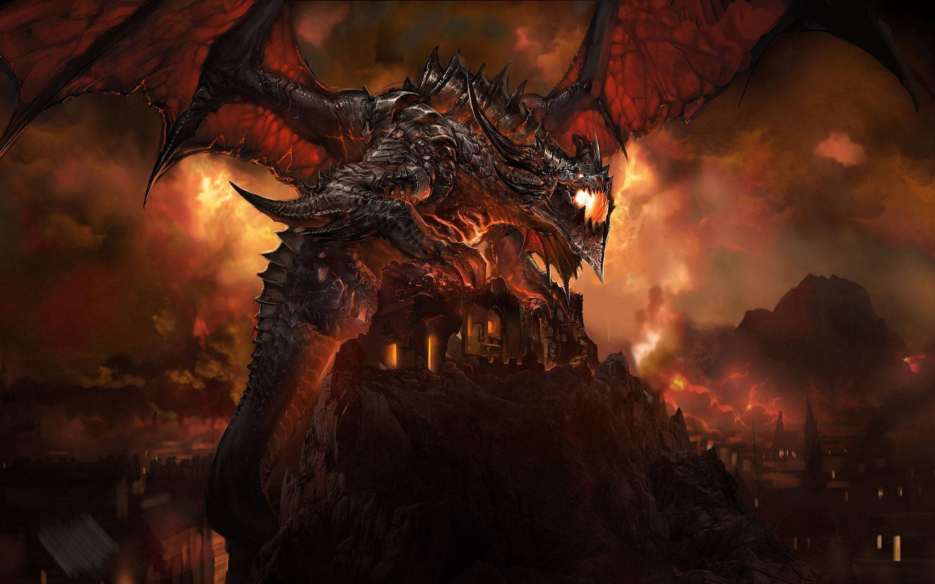 Cool Dragon, fiery apocalyptic sky, ruined castle, Full HD Desktop Wallpaper