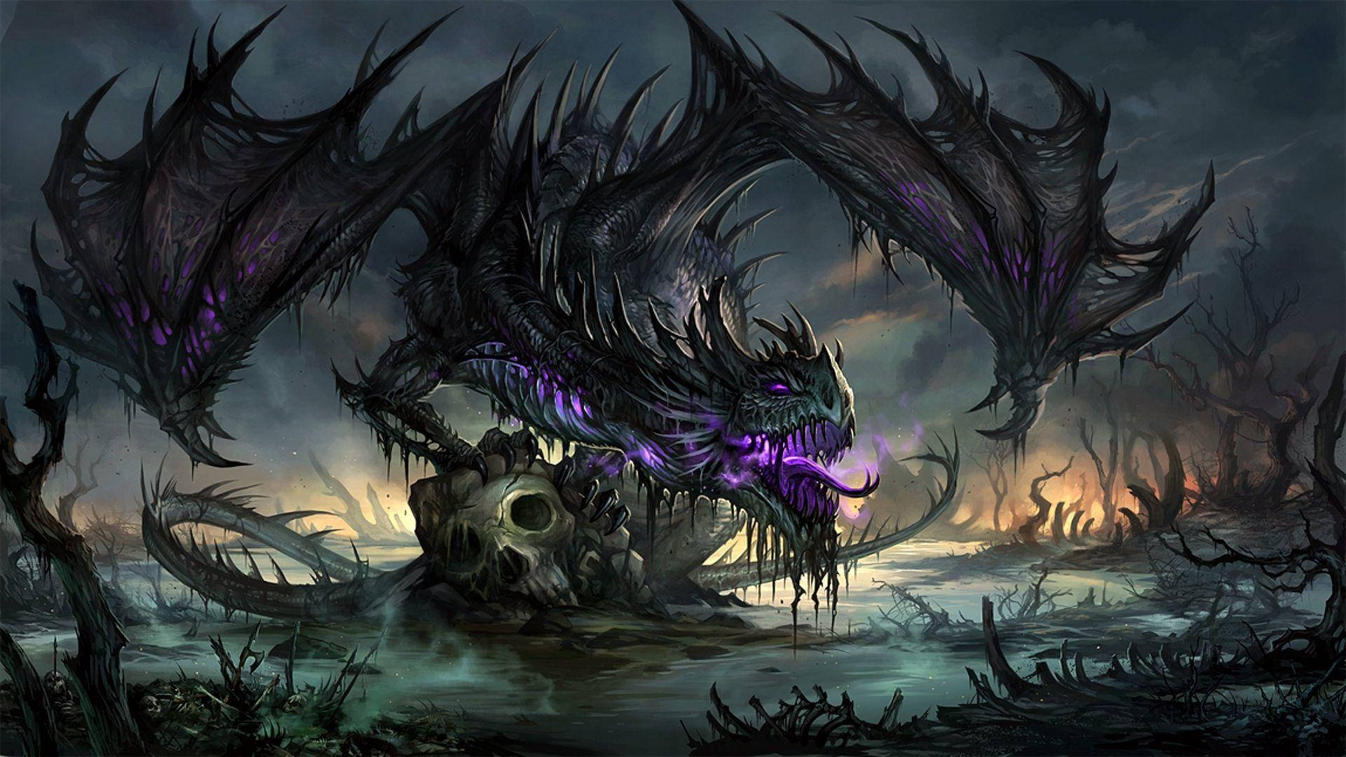 Cool Dragon, dark forest, massive black dragon, Full HD Desktop Wallpaper