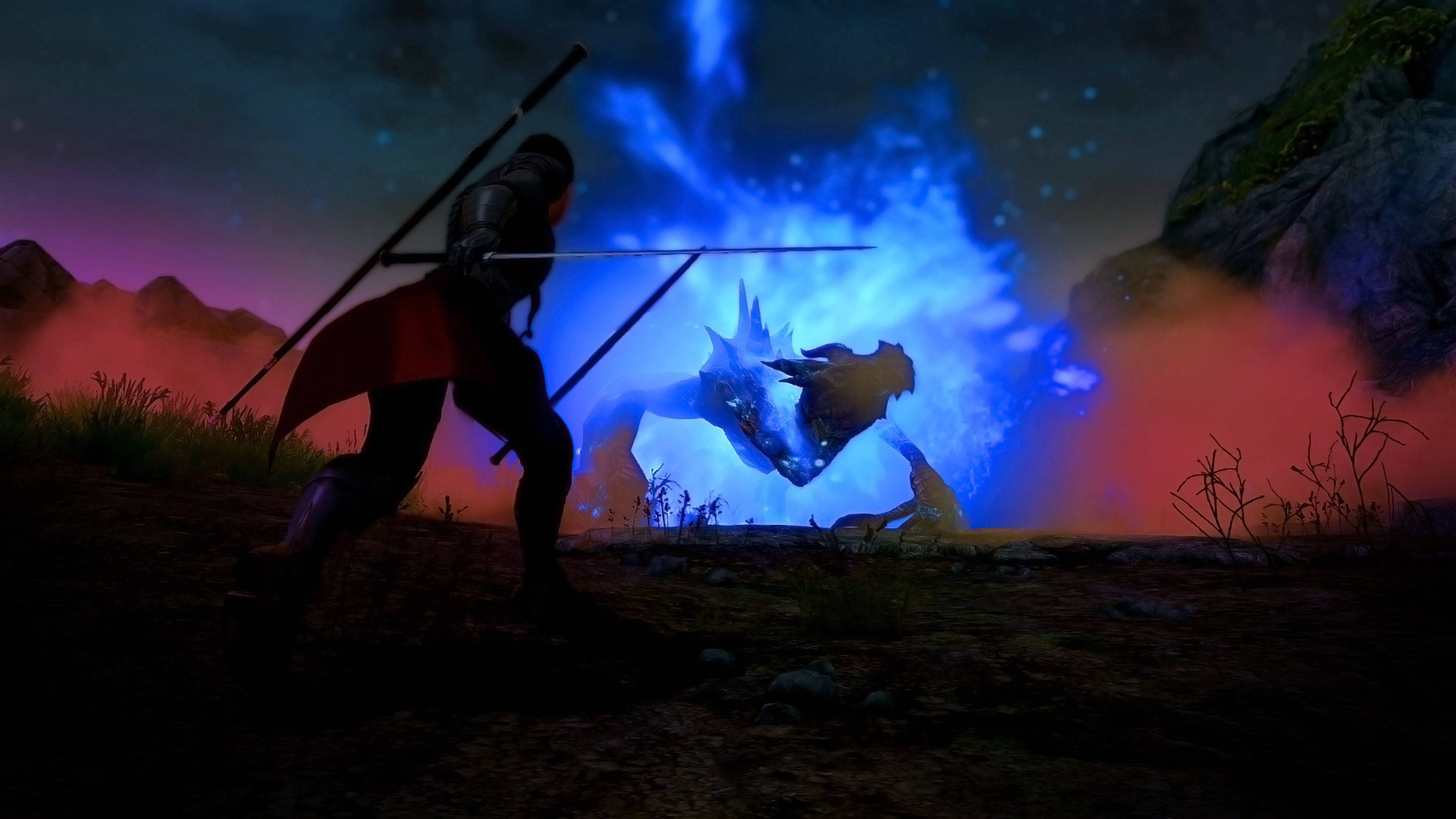 Blue Fire Dragon, glowing blue dragon, red cloak, 4K Desktop Wallpaper