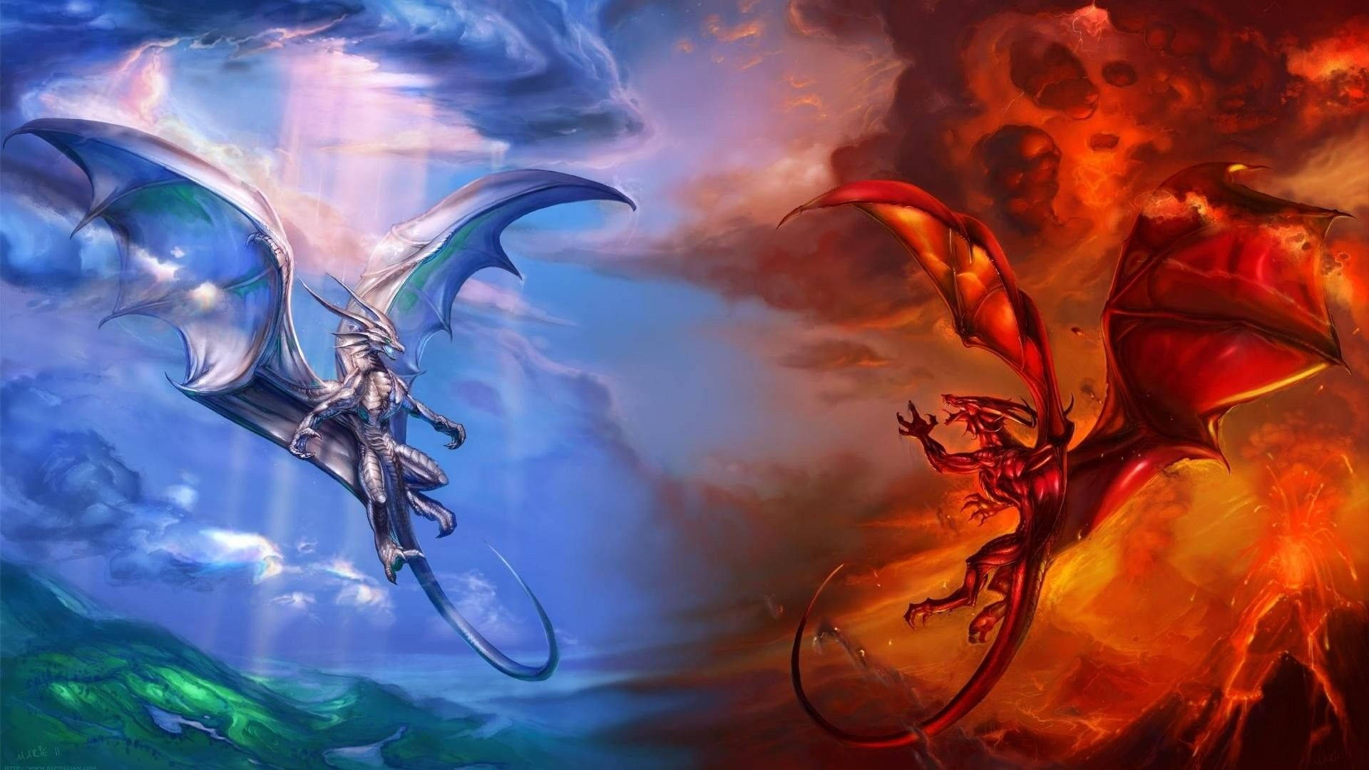 red dragon, blue dragon, silver dragon, Full HD Desktop Wallpaper
