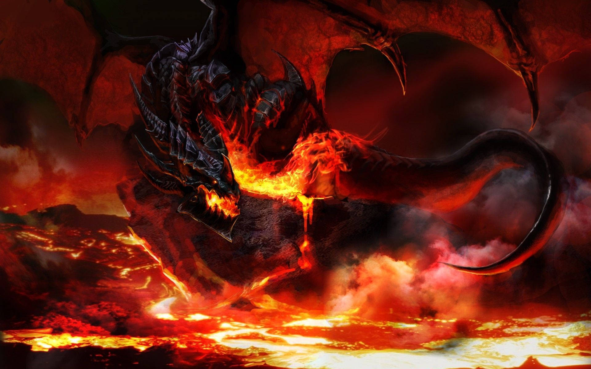 Cool Dragon, volcano pit, lava-filled volcanic landscape, Full HD Desktop Wallpaper