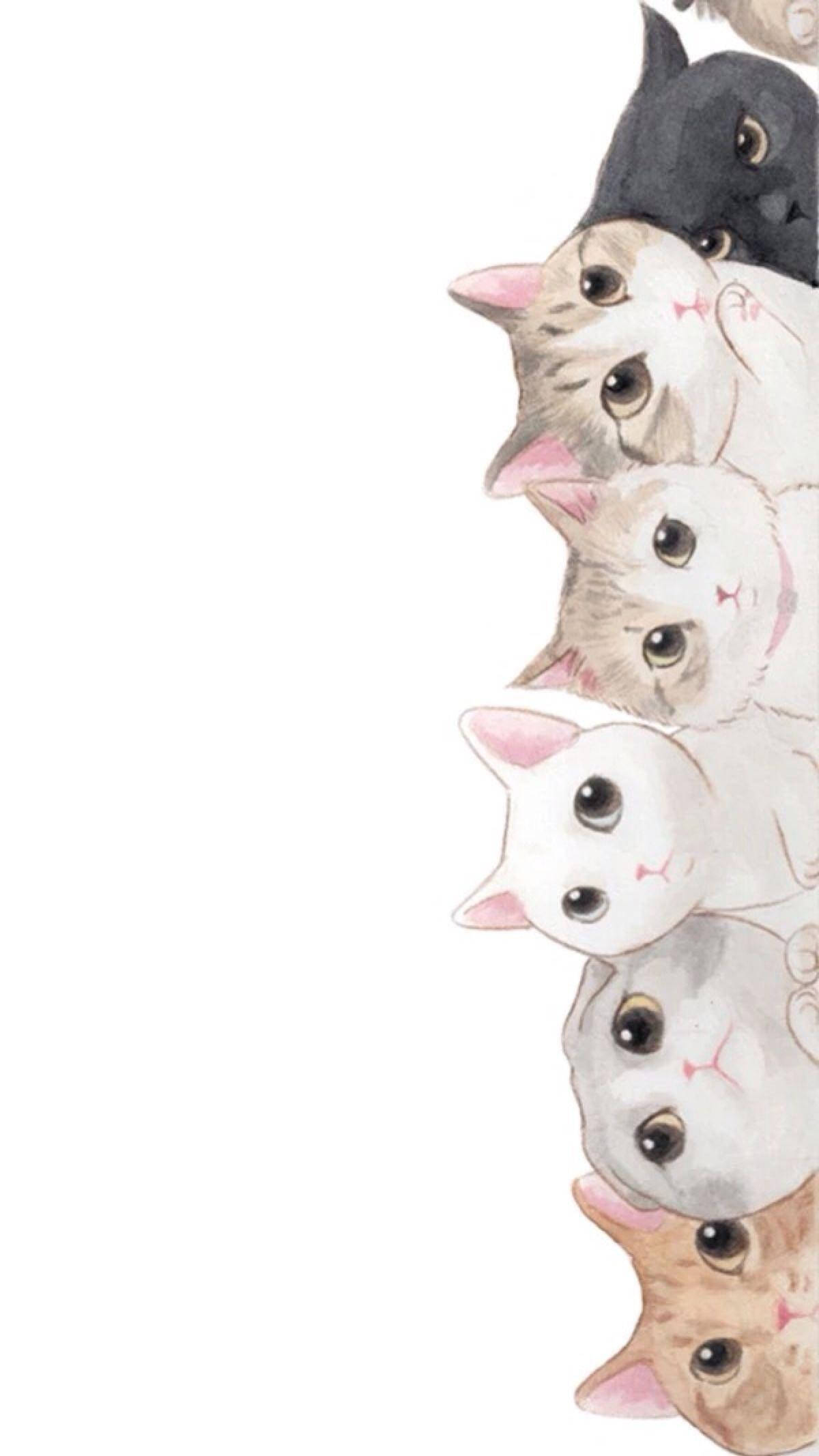 cute illustrated cats, big eyes, plain white background, Full HD Phone Wallpaper