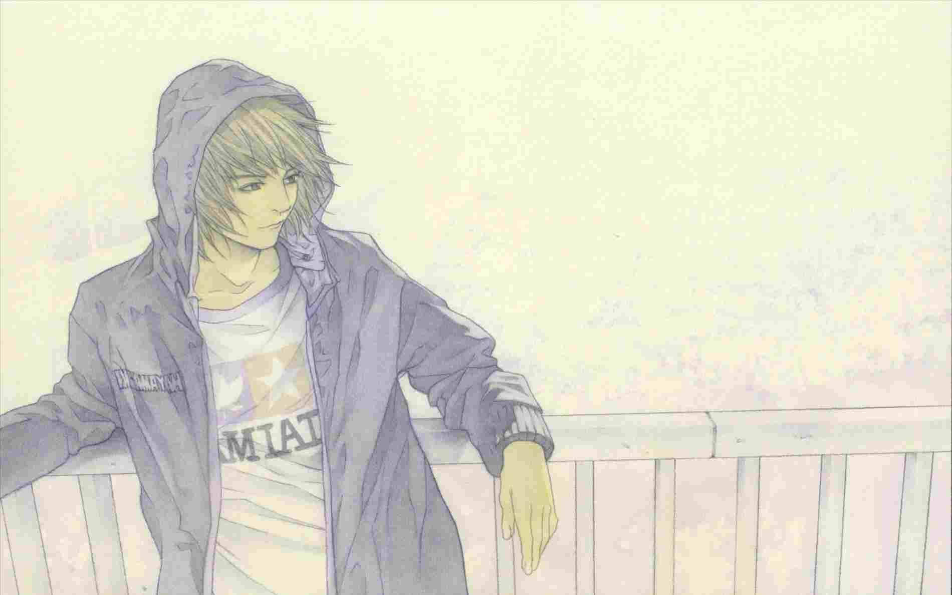 anime boy, purple hoodie, wooden railing, HD Desktop Wallpaper