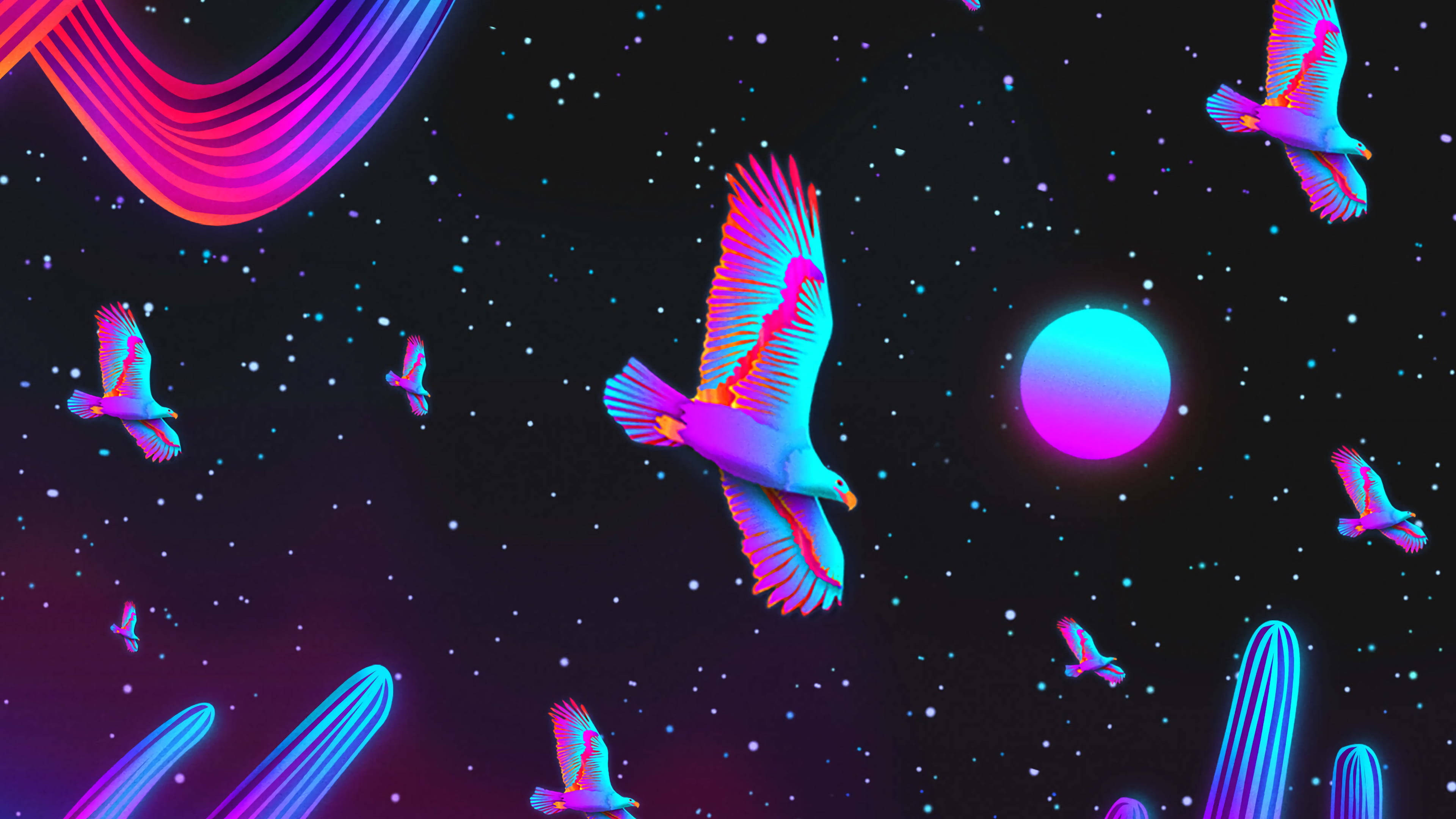 neon birds, starry cosmic sky, glowing planets, 4K Desktop Wallpaper