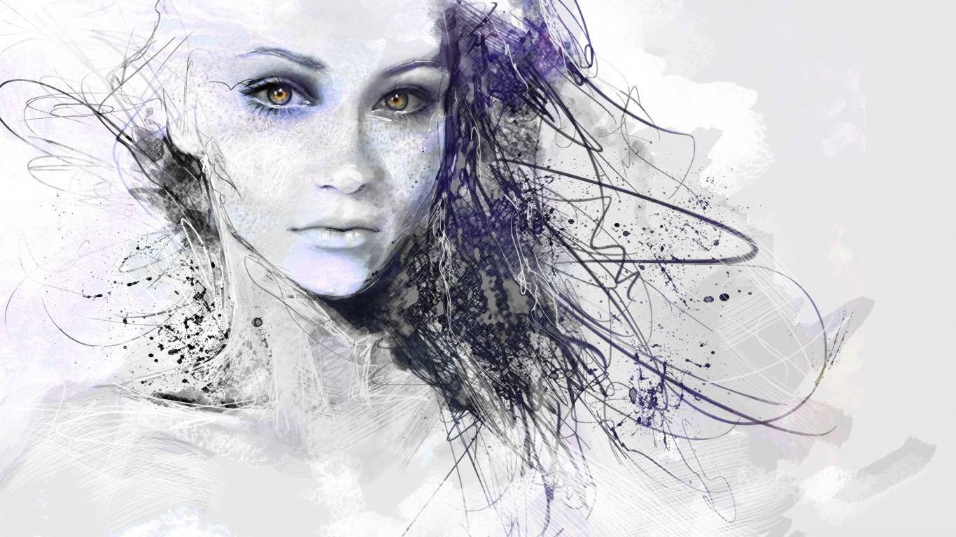 Cool Drawing Splatter Lady, amber eyes, dark hair, HD Desktop Wallpaper