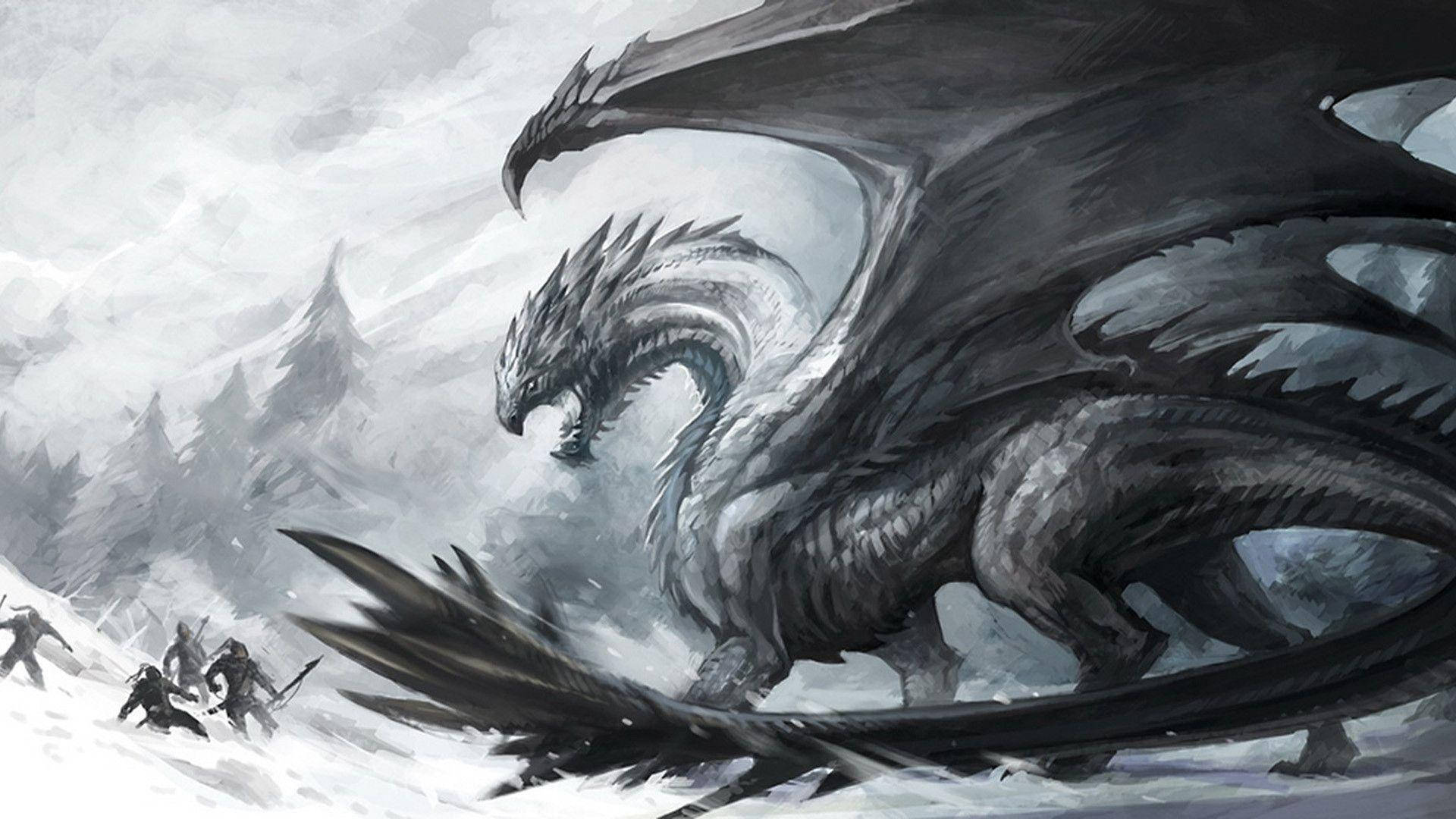 snow dragon, massive black dragon, tiny armored warriors, Full HD Desktop Wallpaper