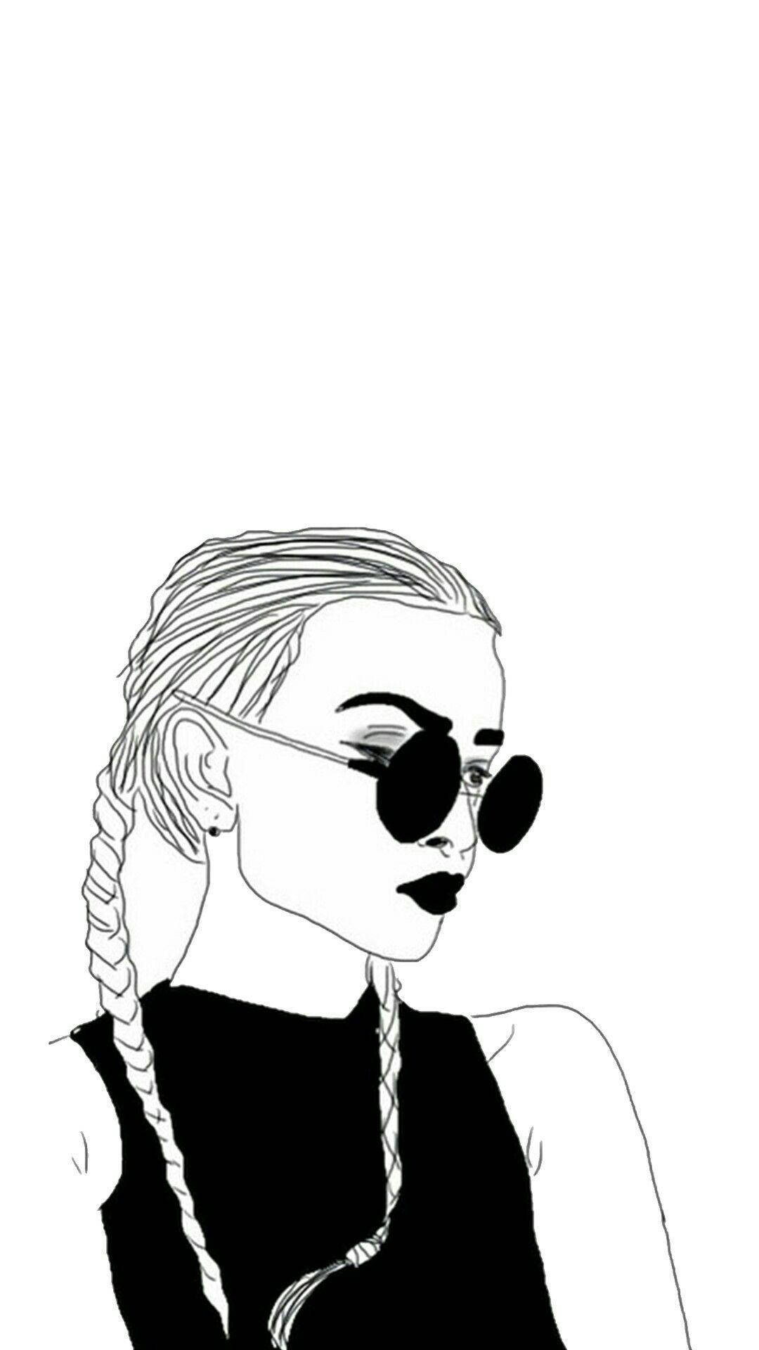 braided girl, black and white line art, round sunglasses, Full HD Phone Wallpaper