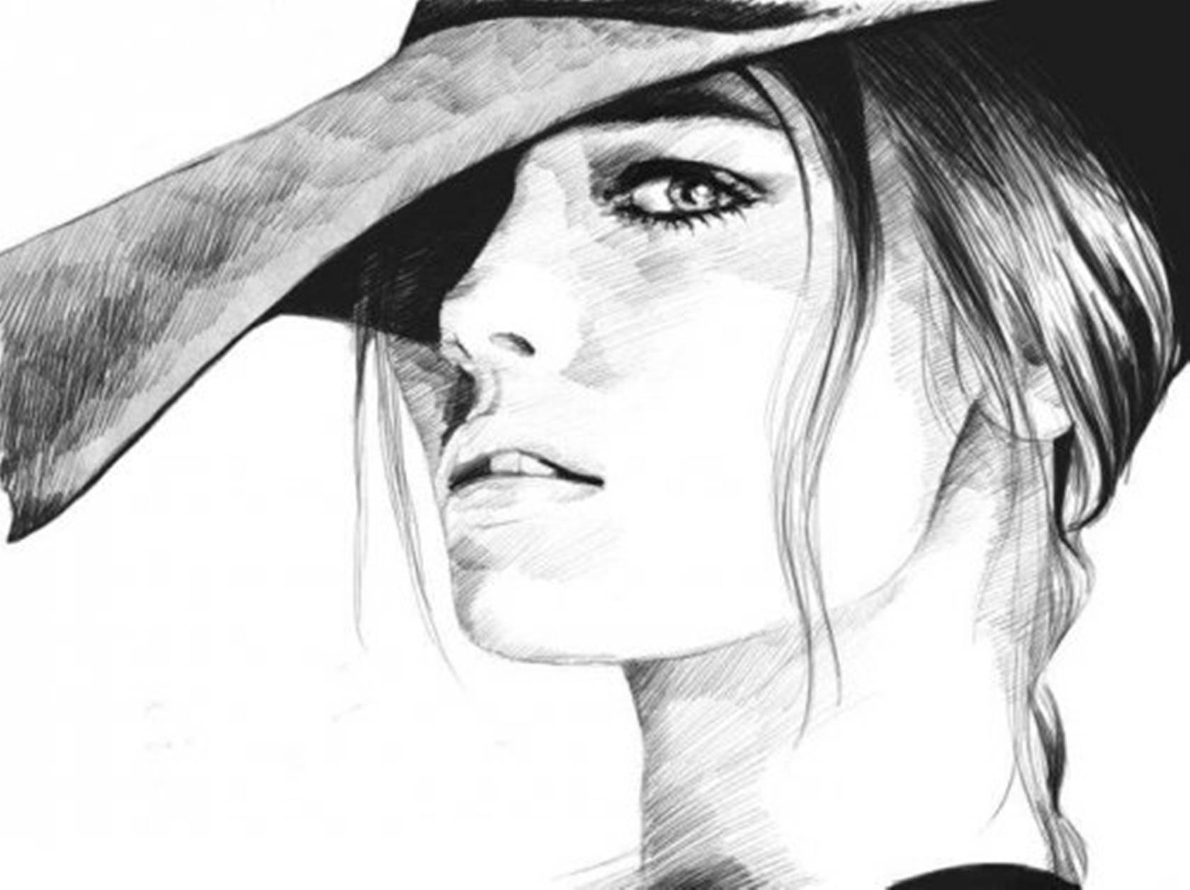 woman in hat, wide-brimmed hat, black and white pencil sketch, HD Desktop Wallpaper