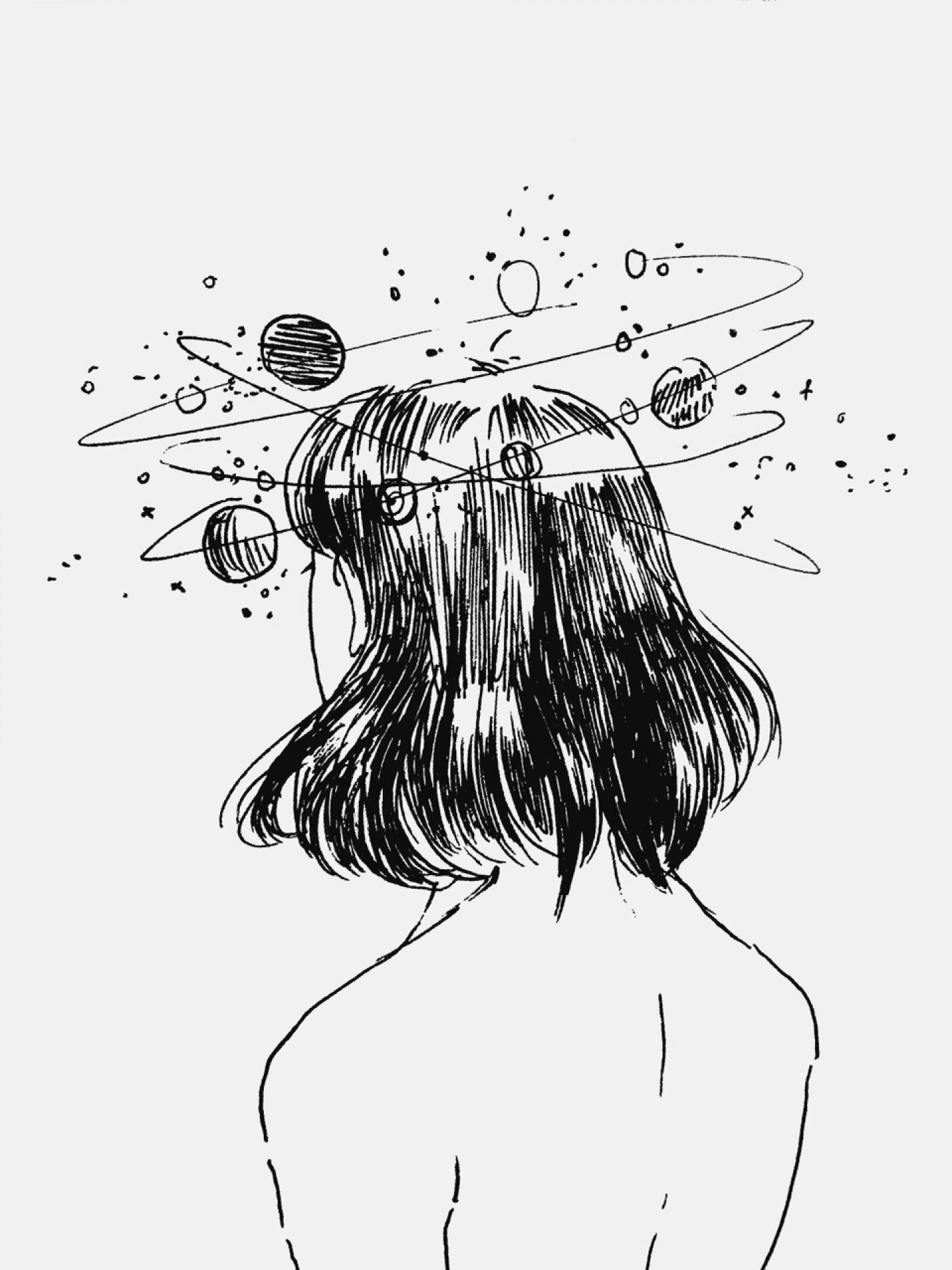 girl, orbiting planets, aesthetic sketches, Full HD Phone Wallpaper