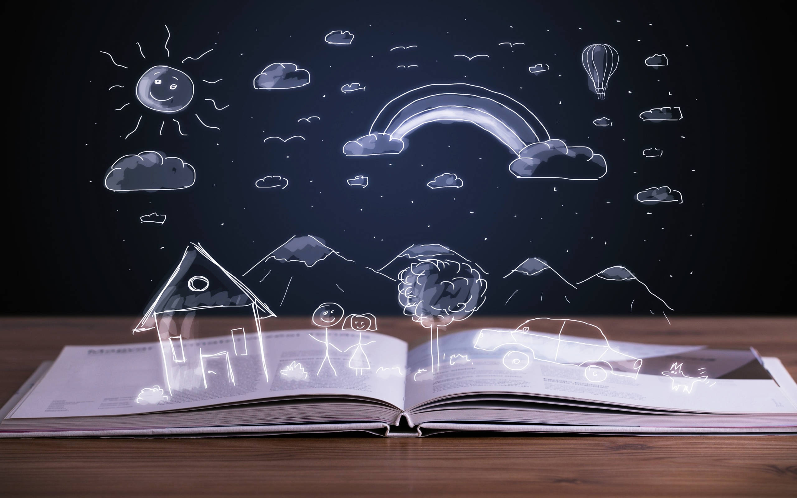 hologram, glowing white chalk-style drawings, house tree people car mountains rainbow sun clouds, 2K Desktop Wallpaper