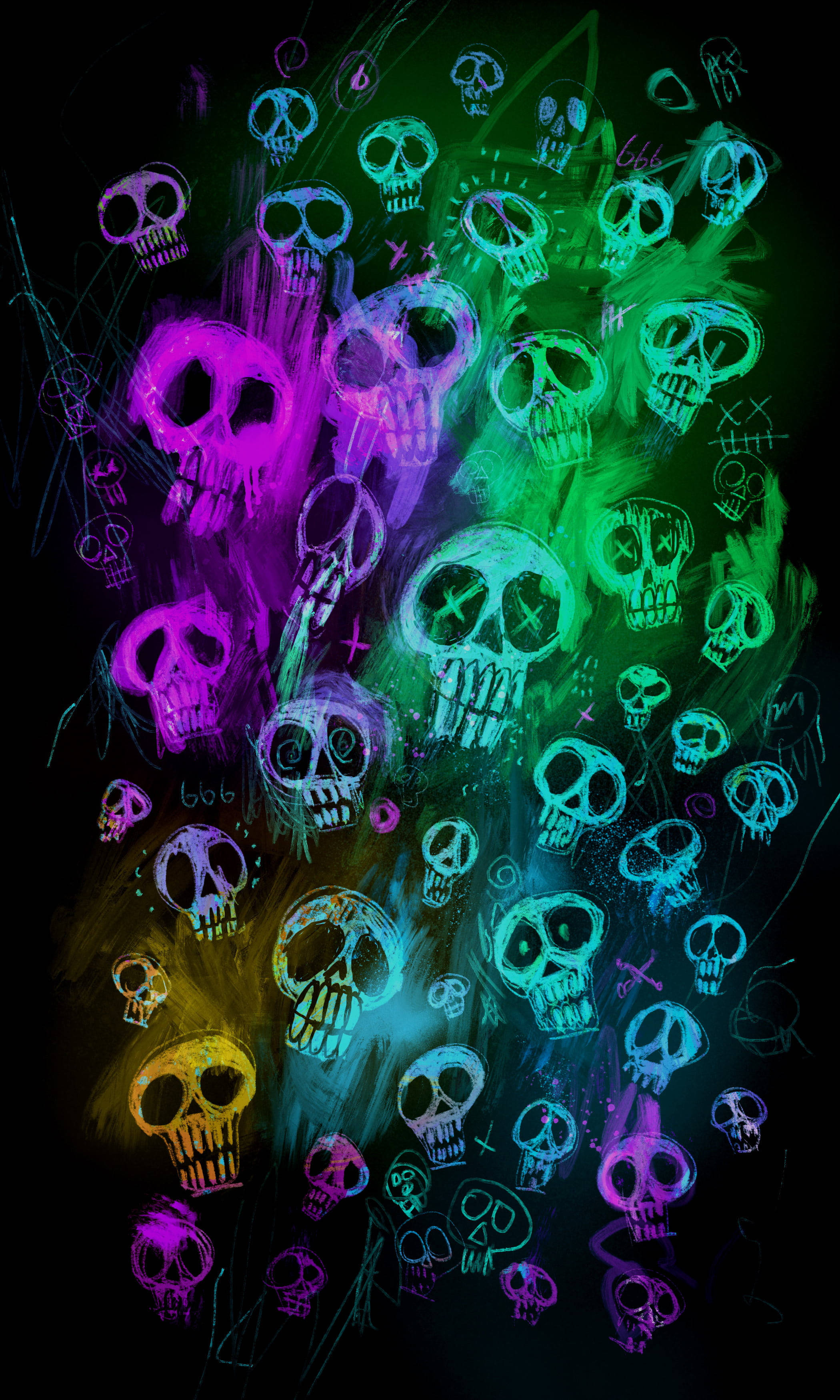 neon skulls, purple, green, 2K Phone Wallpaper