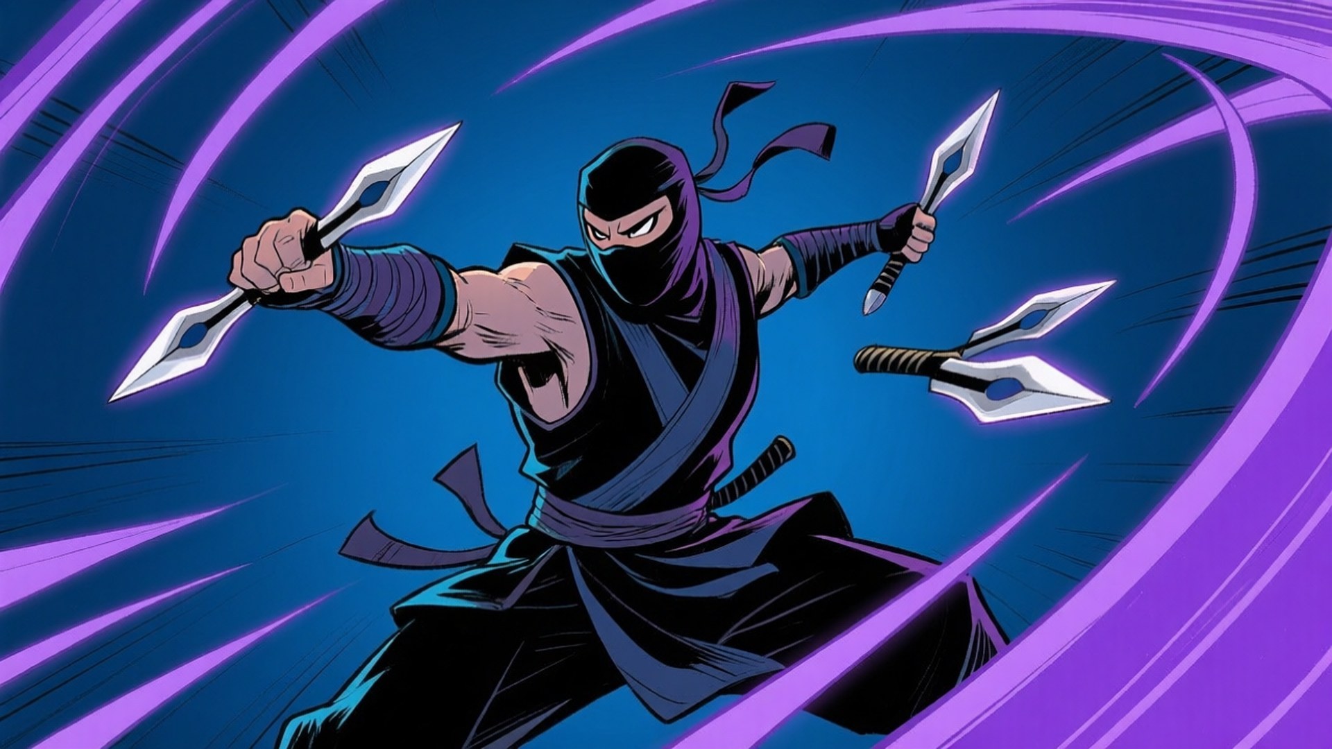 ninja, black armor, three glowing purple shurikens, Full HD Desktop Wallpaper