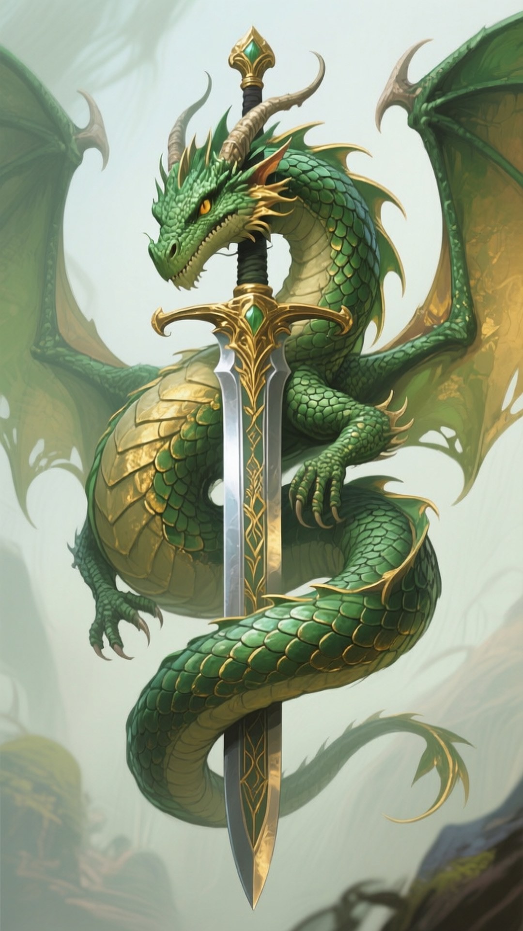 dragon sword, green dragon, golden accents, Full HD Phone Wallpaper