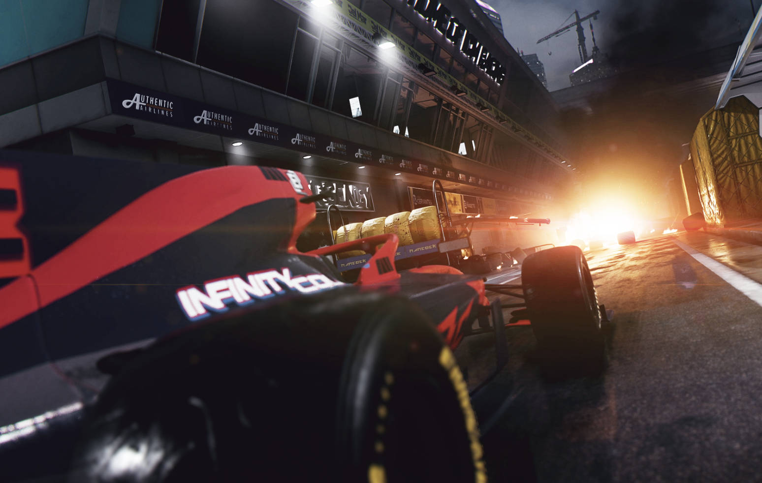 racing car, night, rain-slicked urban track, HD Desktop Wallpaper