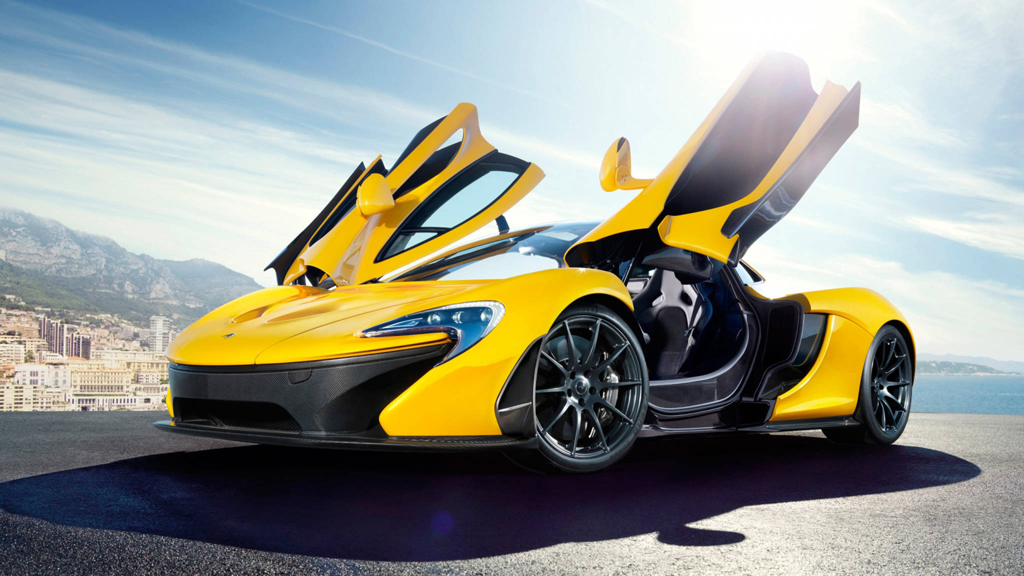 yellow McLaren, gull-wing doors, coastal road, Full HD Desktop Wallpaper