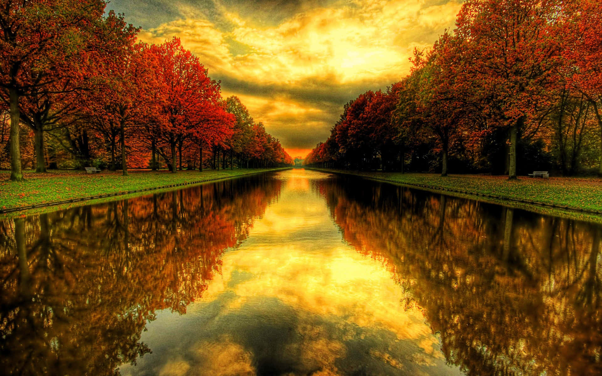 Cool Fall, autumn canal, fiery red trees, Full HD Desktop Wallpaper