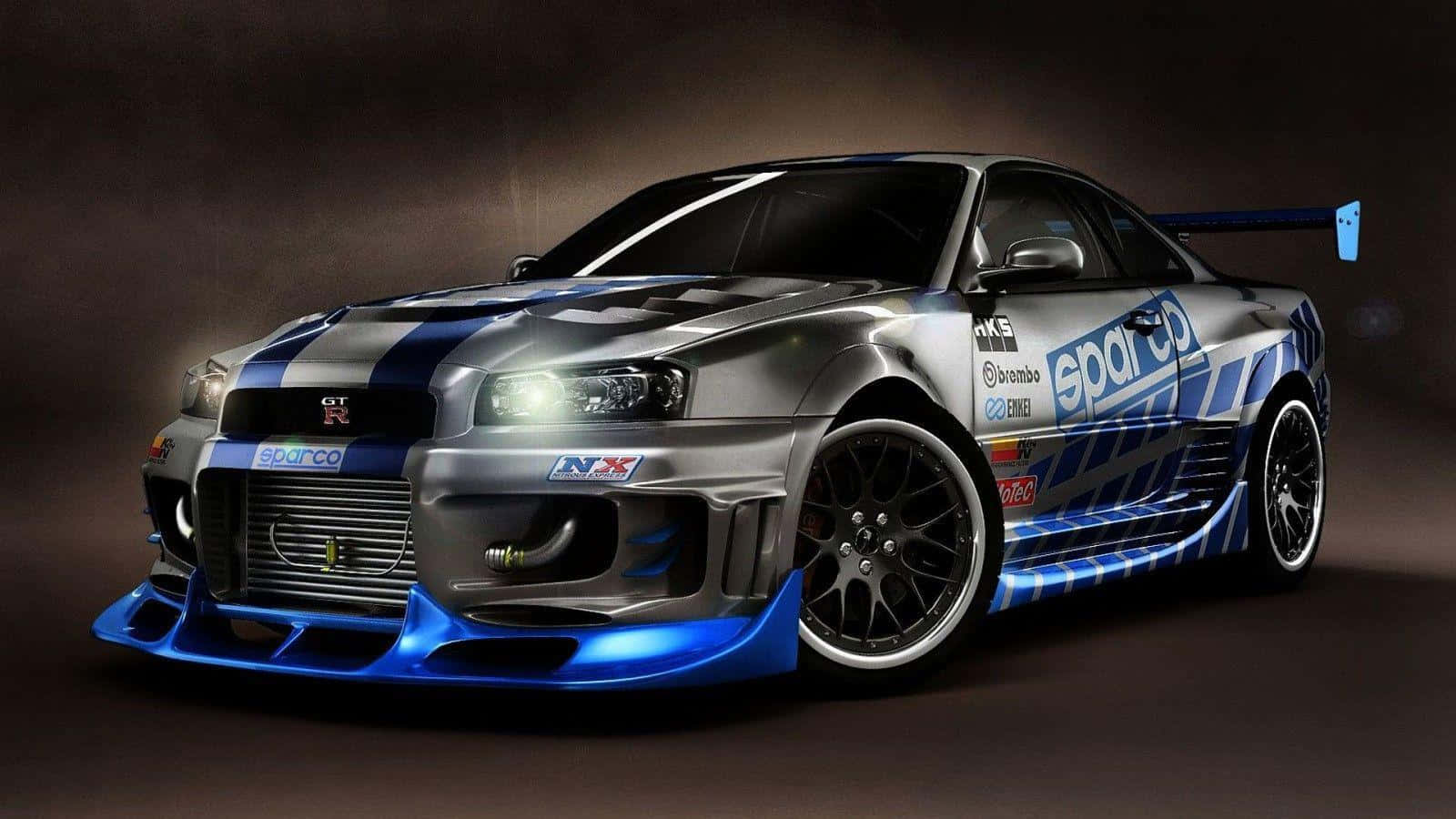 blue and silver car, glowing headlights, sponsor decals, HD Desktop Wallpaper