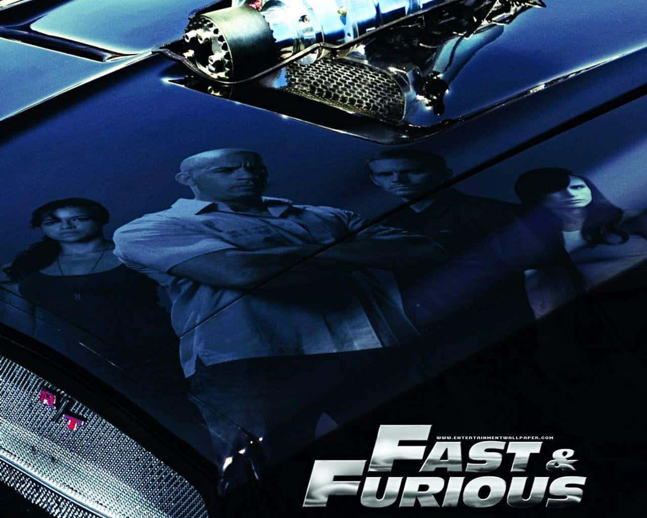 glossy blue muscle car, exposed engine, crew silhouettes, HD Desktop Wallpaper