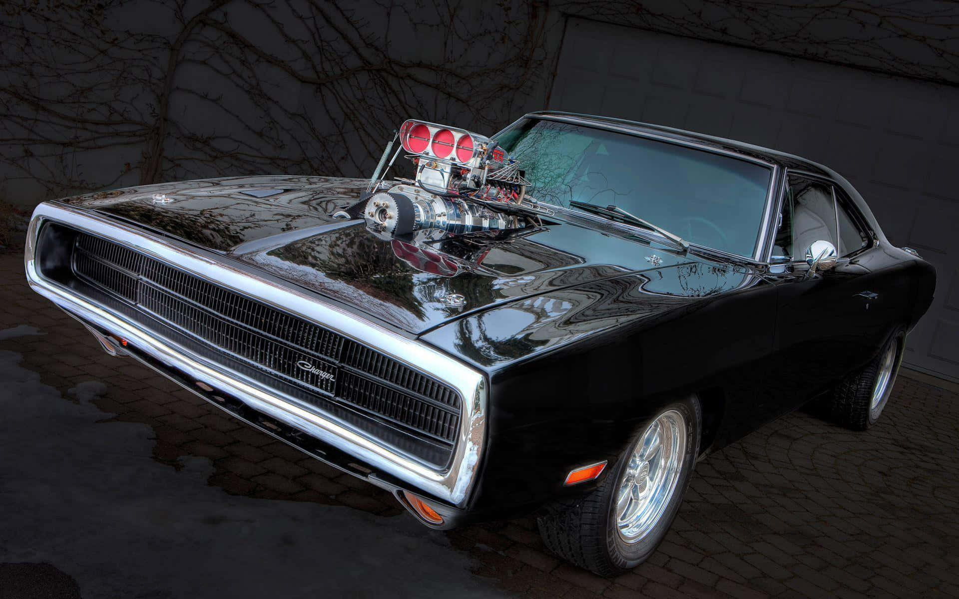 glossy black, classic muscle car, chrome supercharger, Full HD Desktop Wallpaper