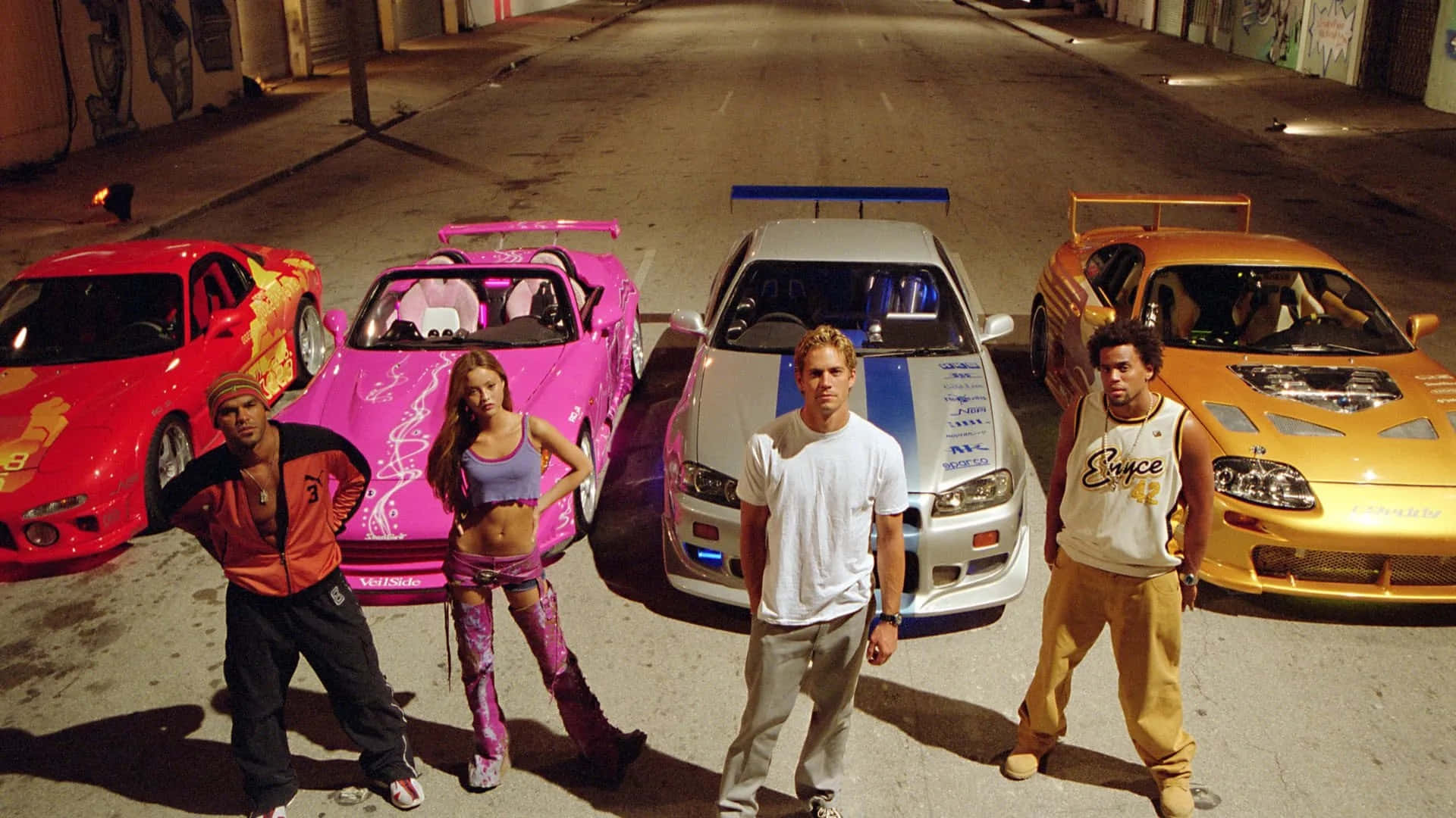 Fast And Furious, street racing cars, graffiti-covered urban street, Full HD Desktop Wallpaper