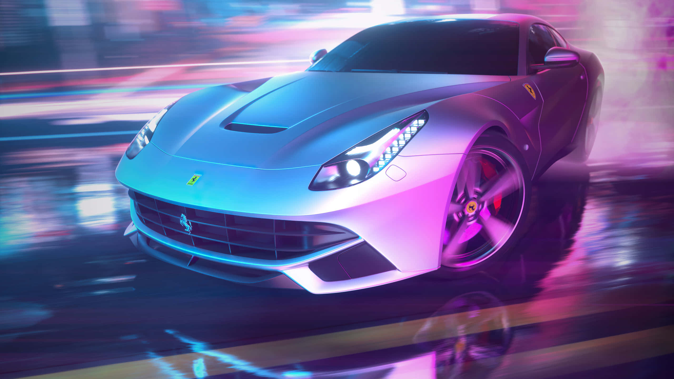 Ferrari, silver, neon-drenched urban night, 2K Desktop Wallpaper