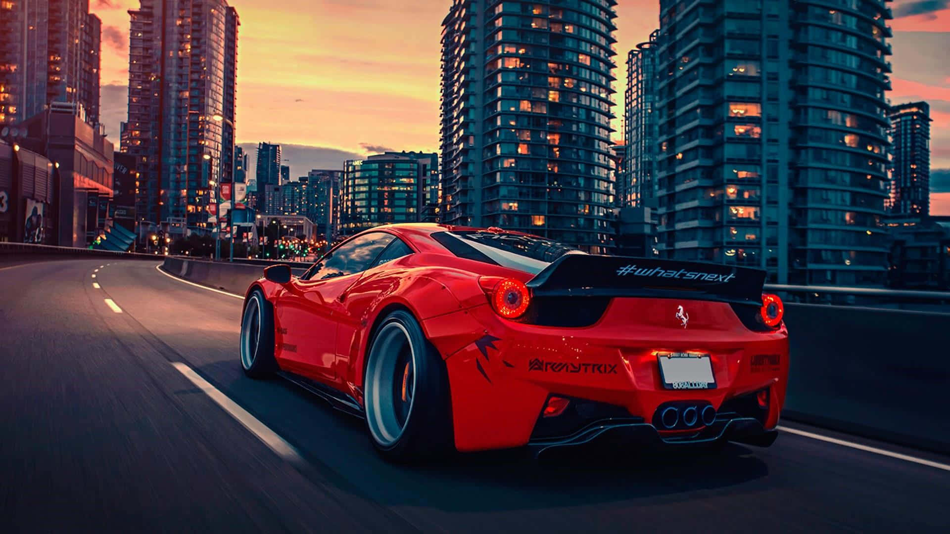 Ferrari, vibrant red, curved urban highway, Full HD Desktop Wallpaper