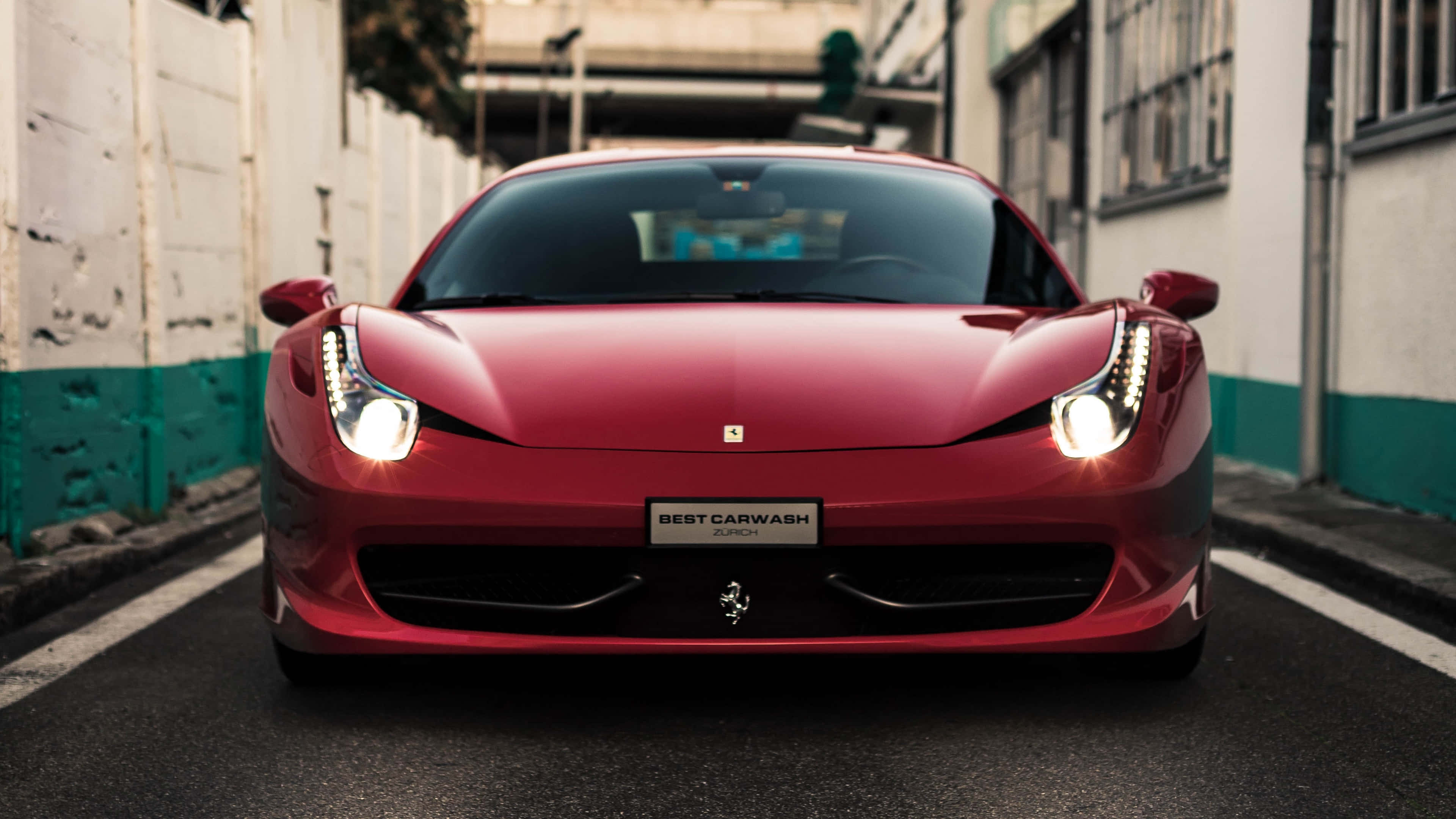 Ferrari, glossy red, headlights on, 4K Desktop Wallpaper