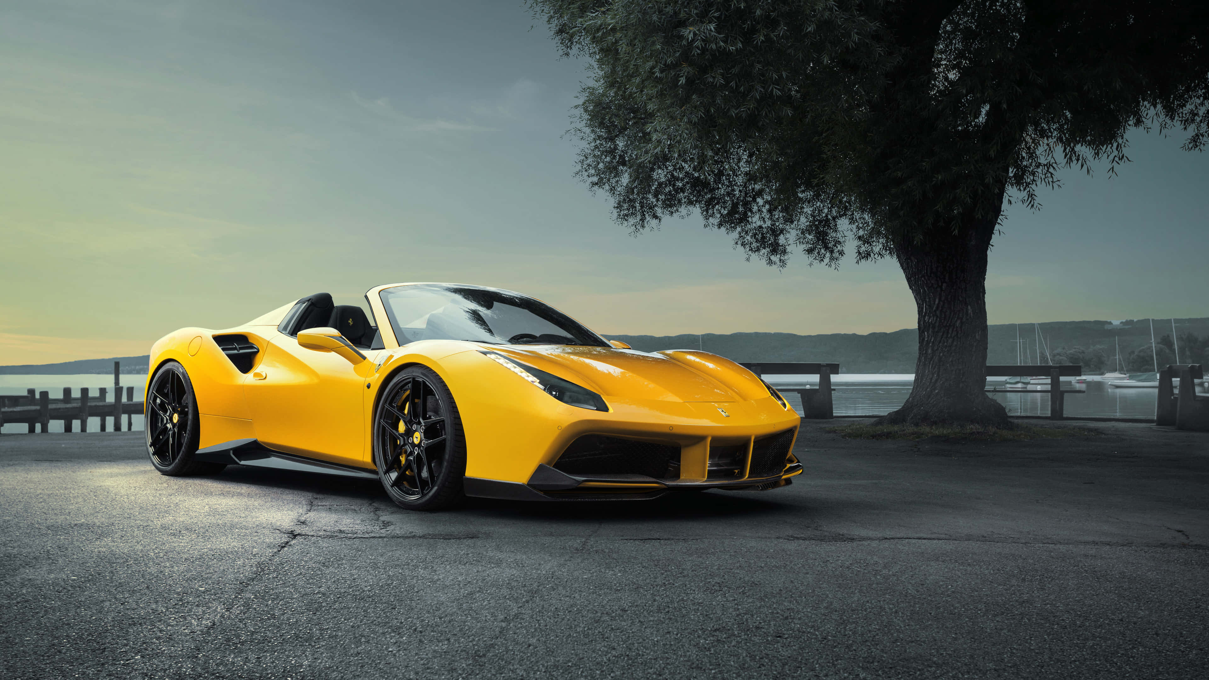 Ferrari, vibrant yellow, lakeside, 4K Desktop Wallpaper