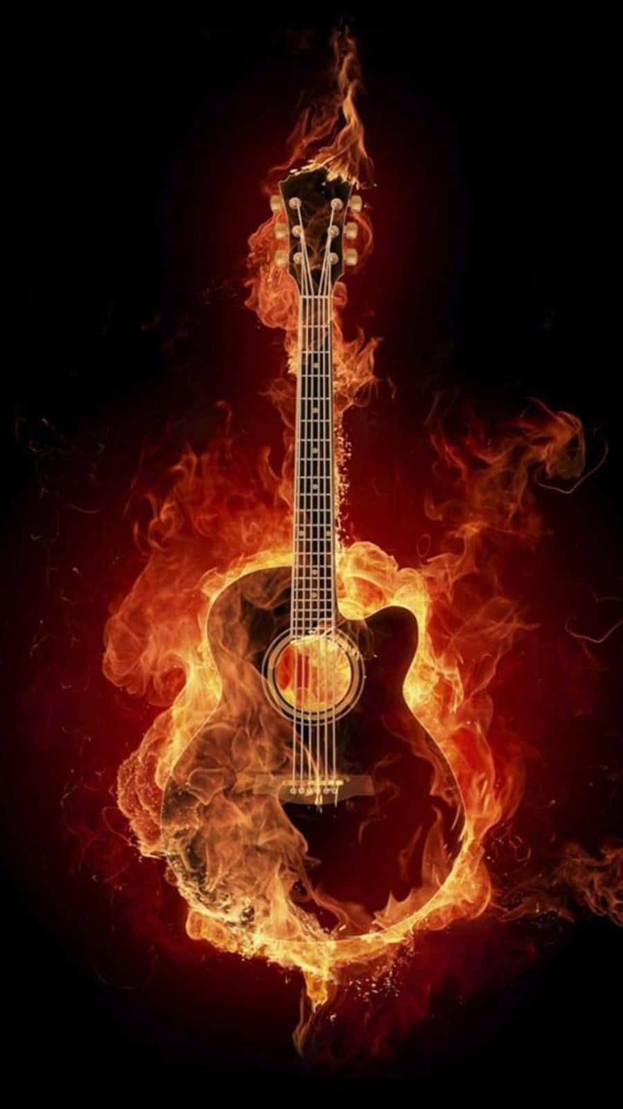 Cool Fire, acoustic guitar, vibrant orange flames, HD Phone Wallpaper