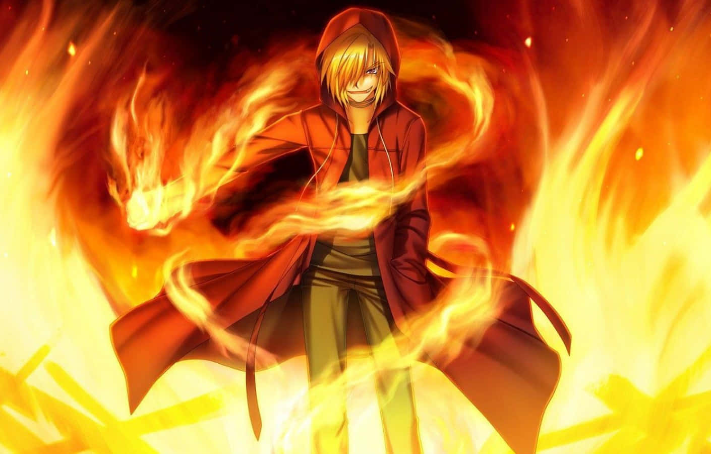cool fire, blonde anime character, red hooded coat, HD Desktop Wallpaper