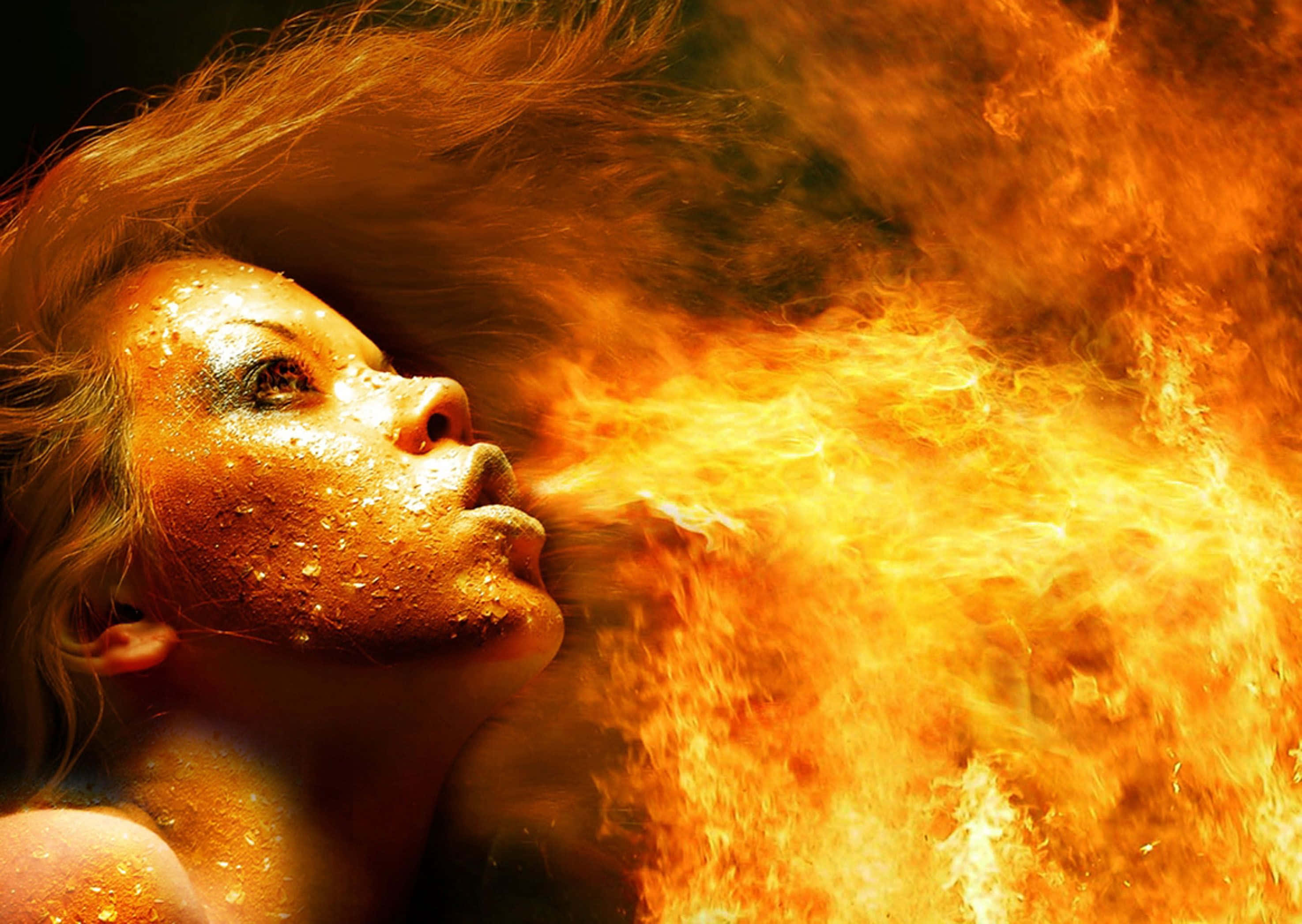 Cool Fire, orange flames, wet hair, 2K Desktop Wallpaper