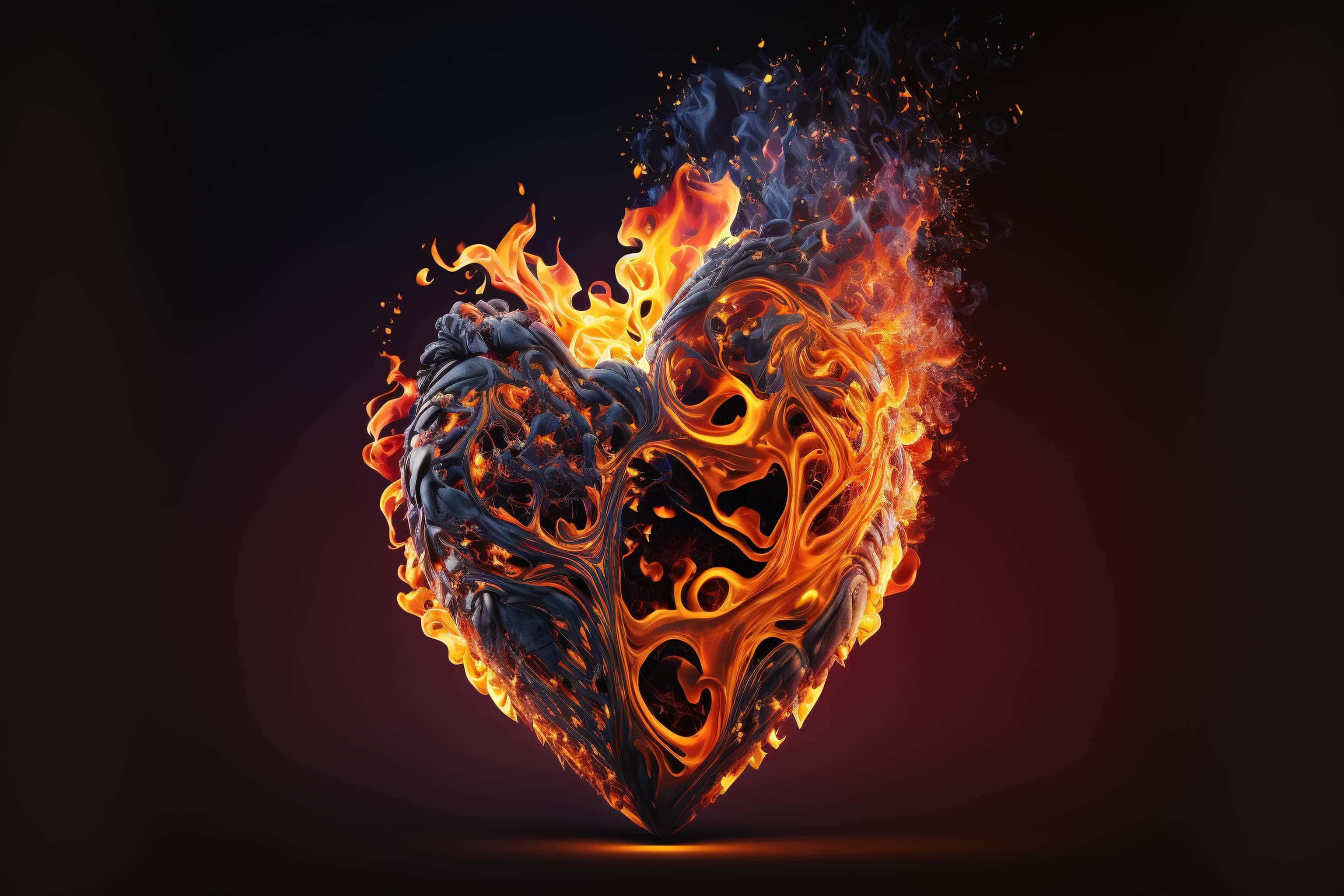 heart, fire, vibrant orange flames, 2K Desktop Wallpaper