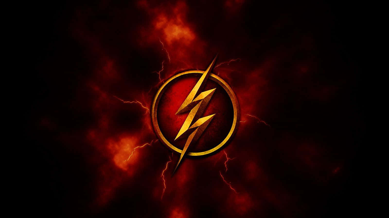 The Flash, golden lightning bolt, fiery red and black stormy background, HD Desktop Wallpaper
