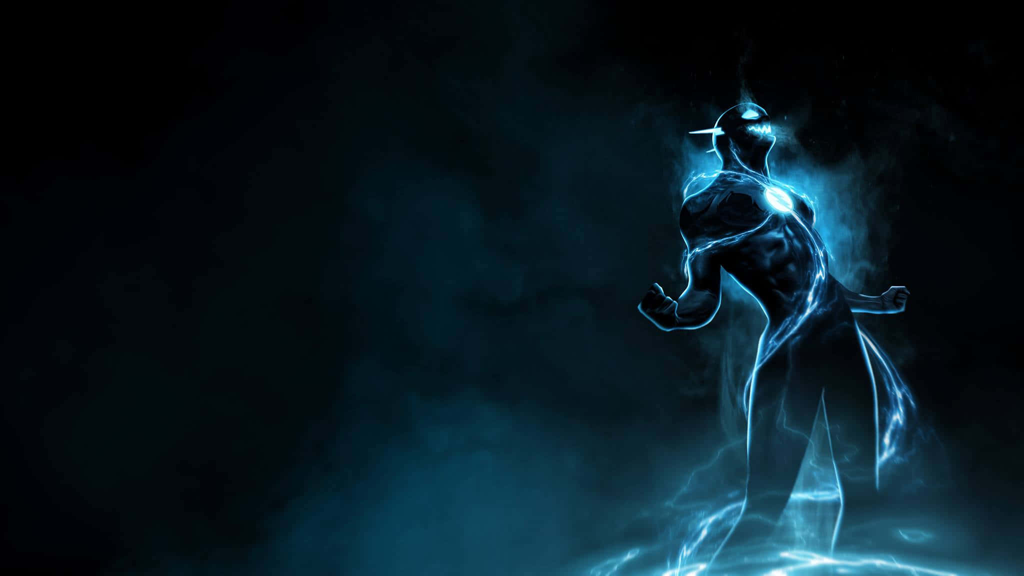 blue man, glowing blue energy figure, dark smoky environment, Full HD Desktop Wallpaper