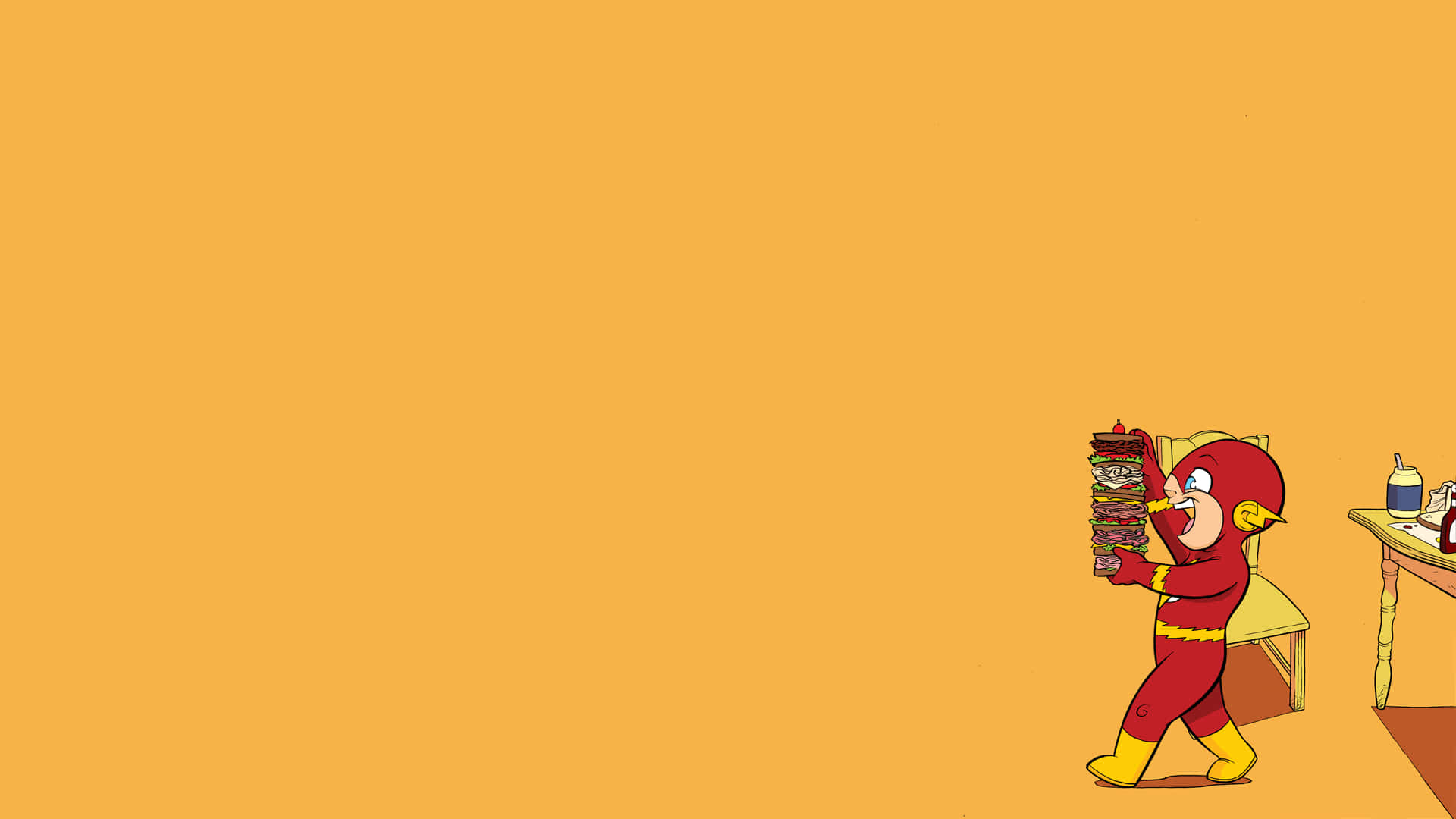 The Flash, cartoon character, towering stack of burgers, Full HD Desktop Wallpaper