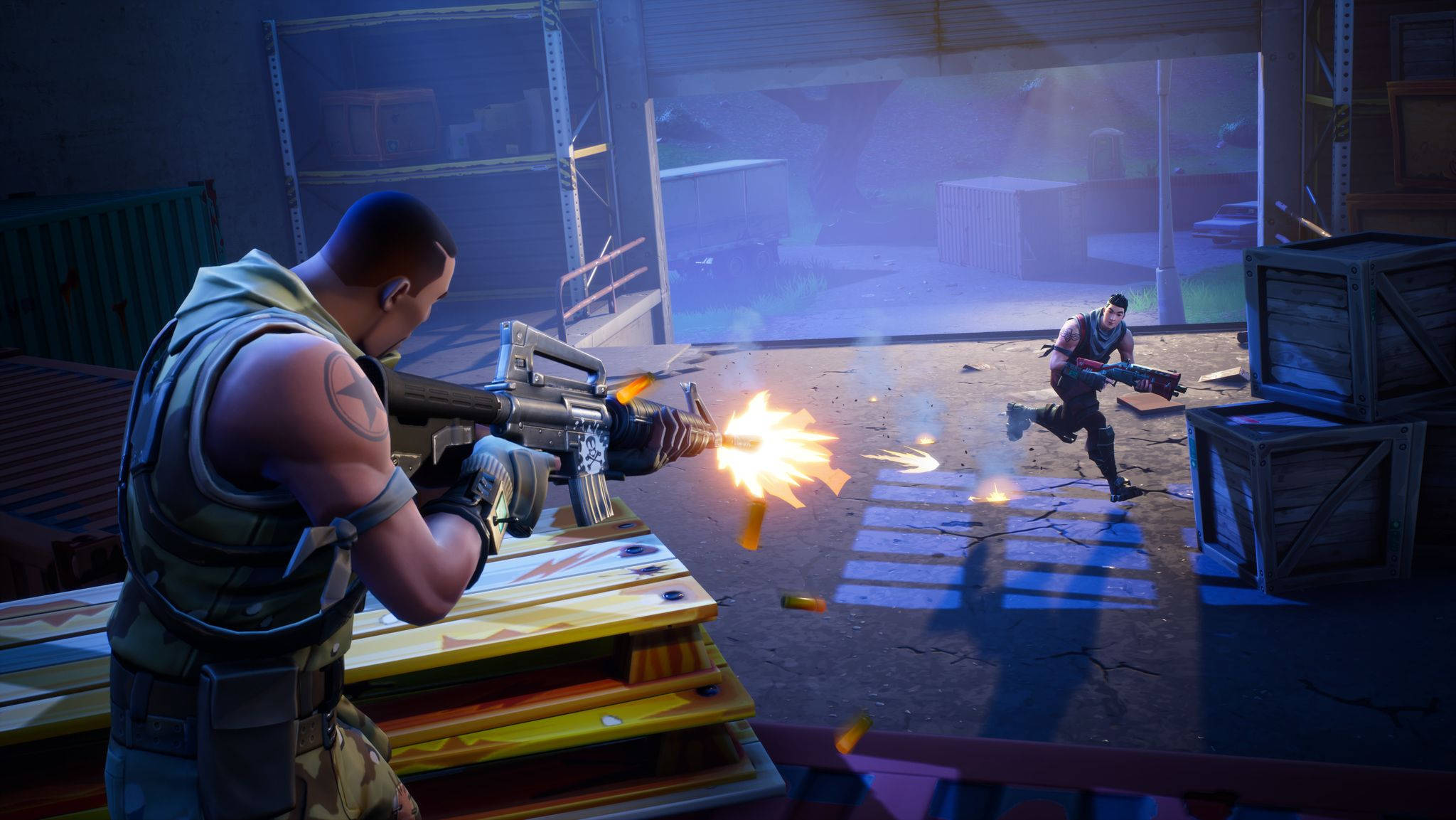 Fortnite Battle Royale, warehouse, neon blue lighting, Full HD Desktop Wallpaper