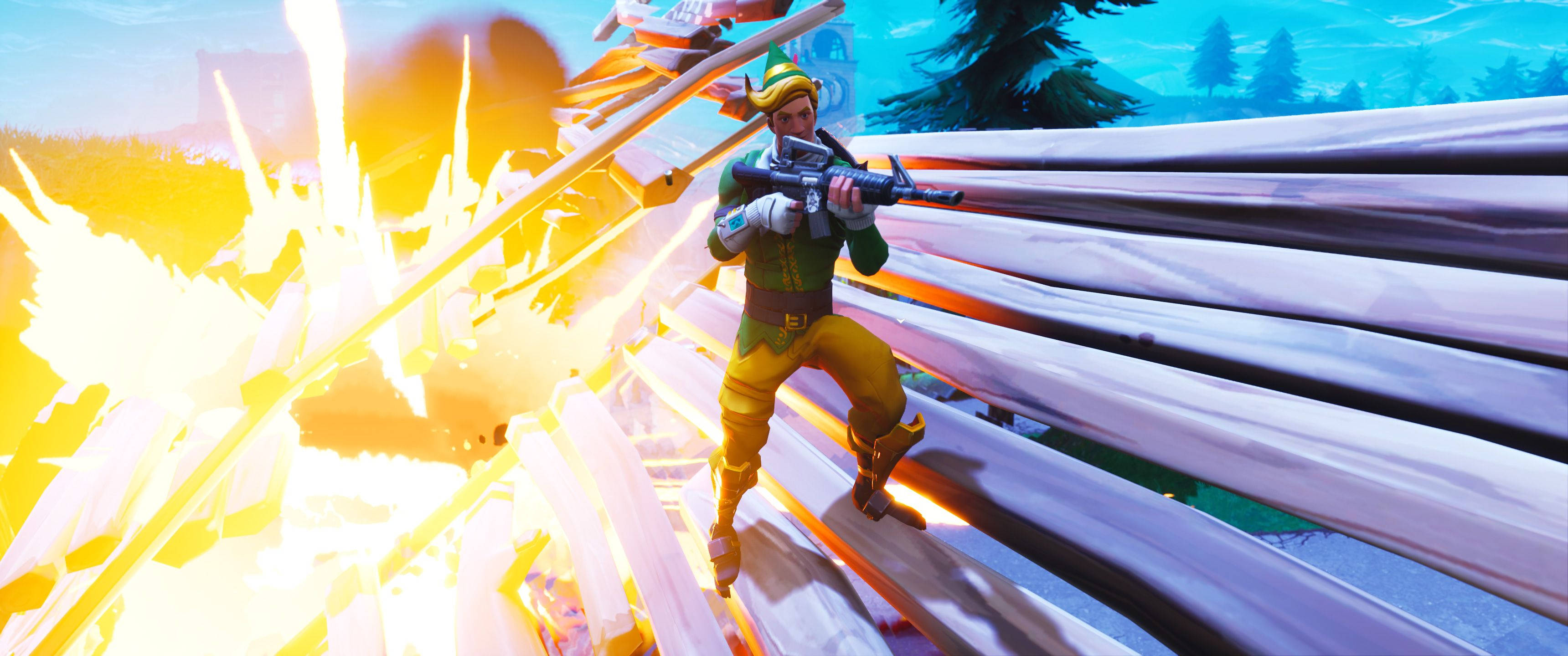 Fortnite, green and yellow gear, bright orange explosions, 2K Desktop Wallpaper