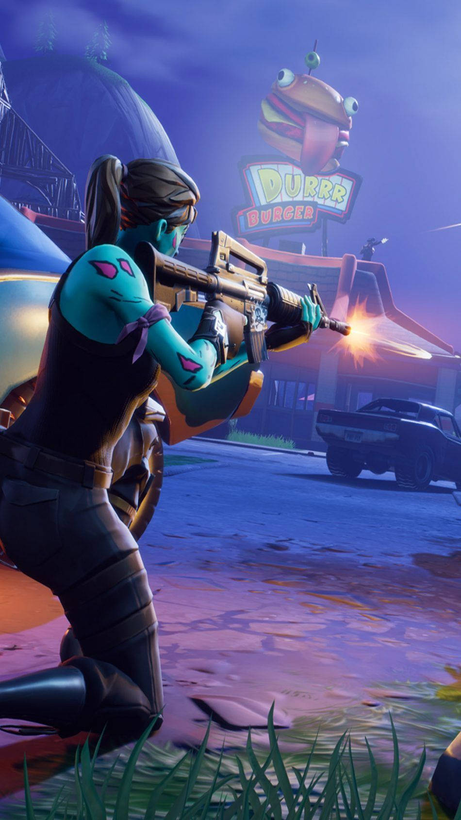 Fortnite Battle Royale, teal-skinned, rifle, HD Phone Wallpaper