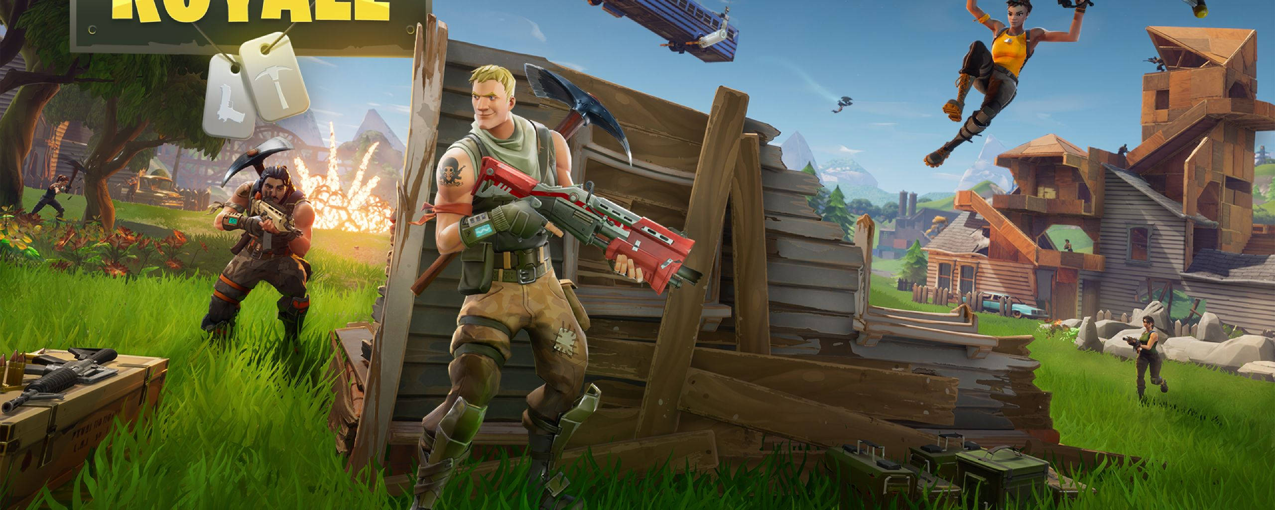 Fortnite Battle Royale, grassy field, wooden structures, 2K Desktop Wallpaper