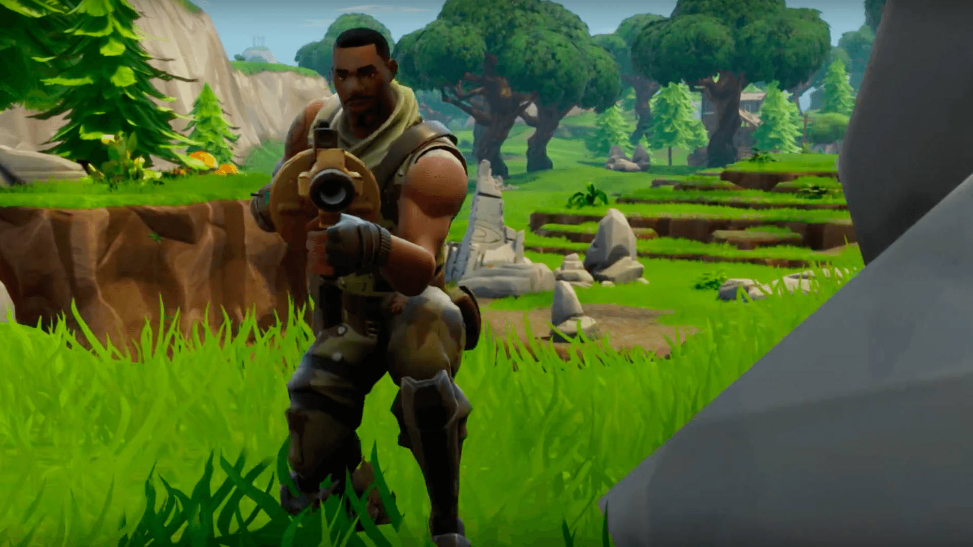 Fortnite Battle Royale, muscular Fortnite character, vibrant green grass, Full HD Desktop Wallpaper