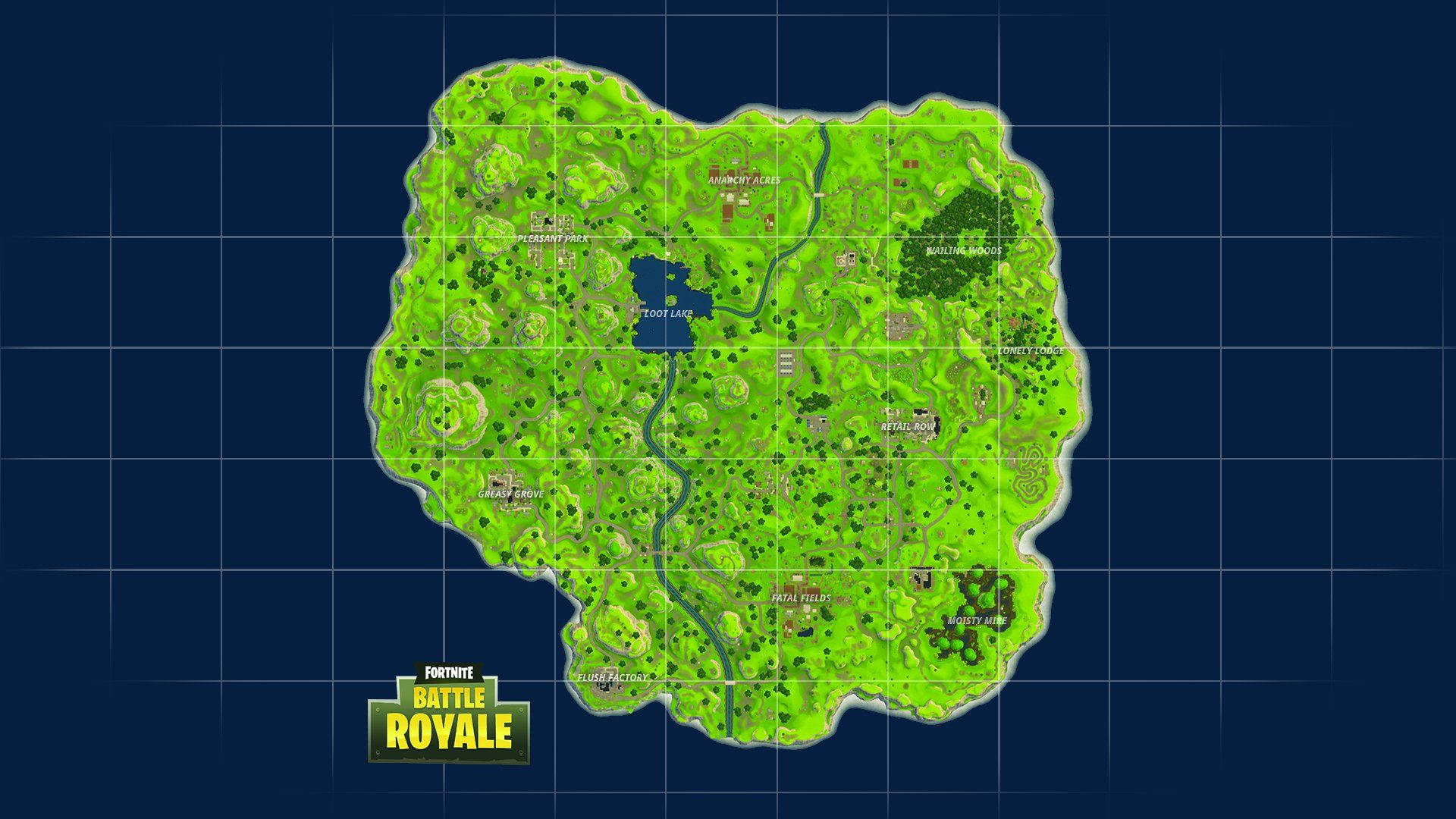 Fortnite Battle Royale, dark blue grid background, vibrant green terrain, Full HD Desktop Wallpaper