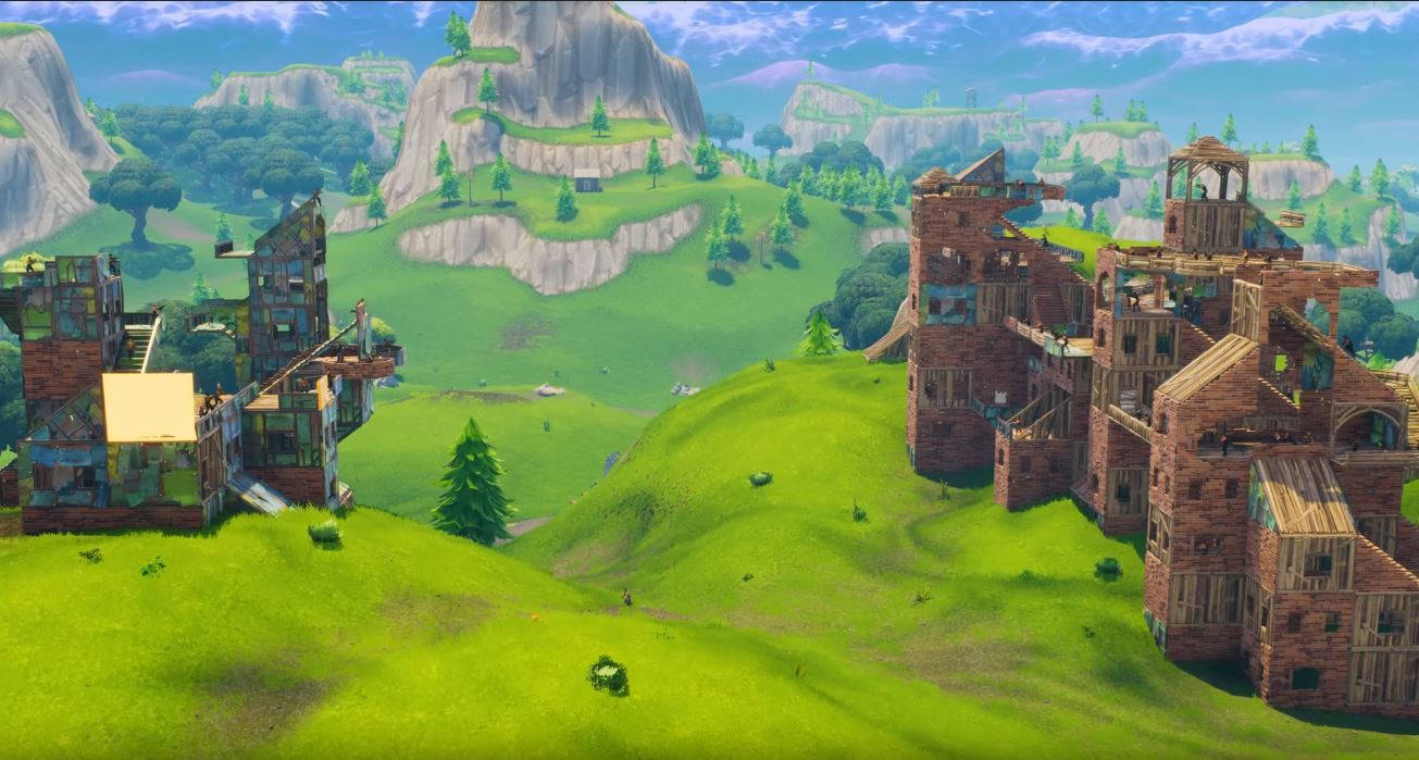 Fortnite Battle Royale, vibrant green hills, rustic wooden structures, HD Desktop Wallpaper