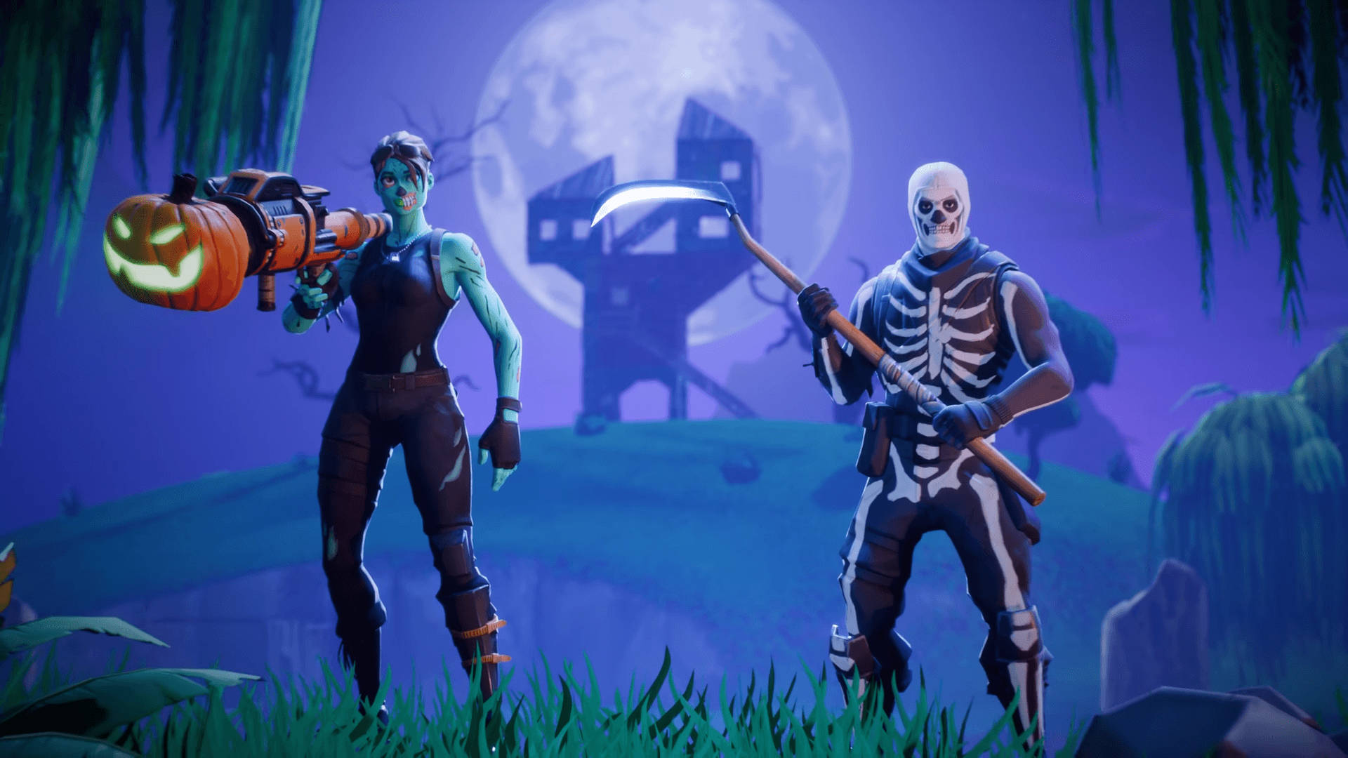 Fortnite Battle Royale, Halloween skins, moonlit swamp, Full HD Desktop Wallpaper