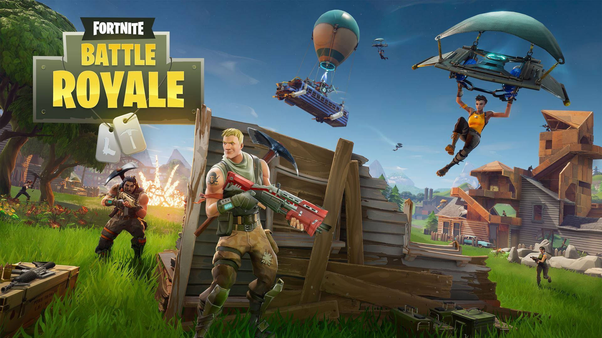 Fortnite Battle Royale, wooden structures, flying vehicles, Full HD Desktop Wallpaper