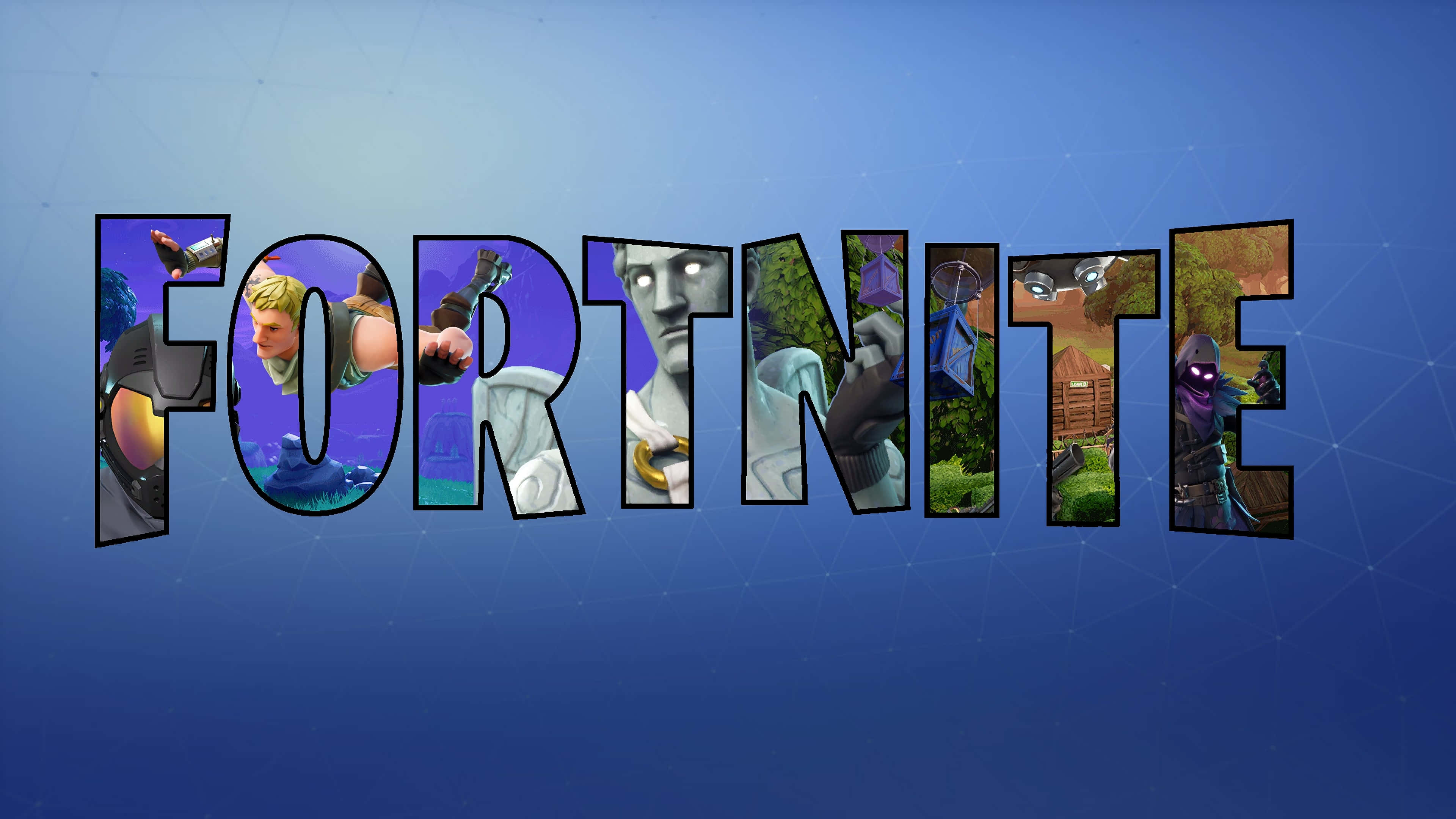 Fortnite logo, game scenes, characters, 4K Desktop Wallpaper
