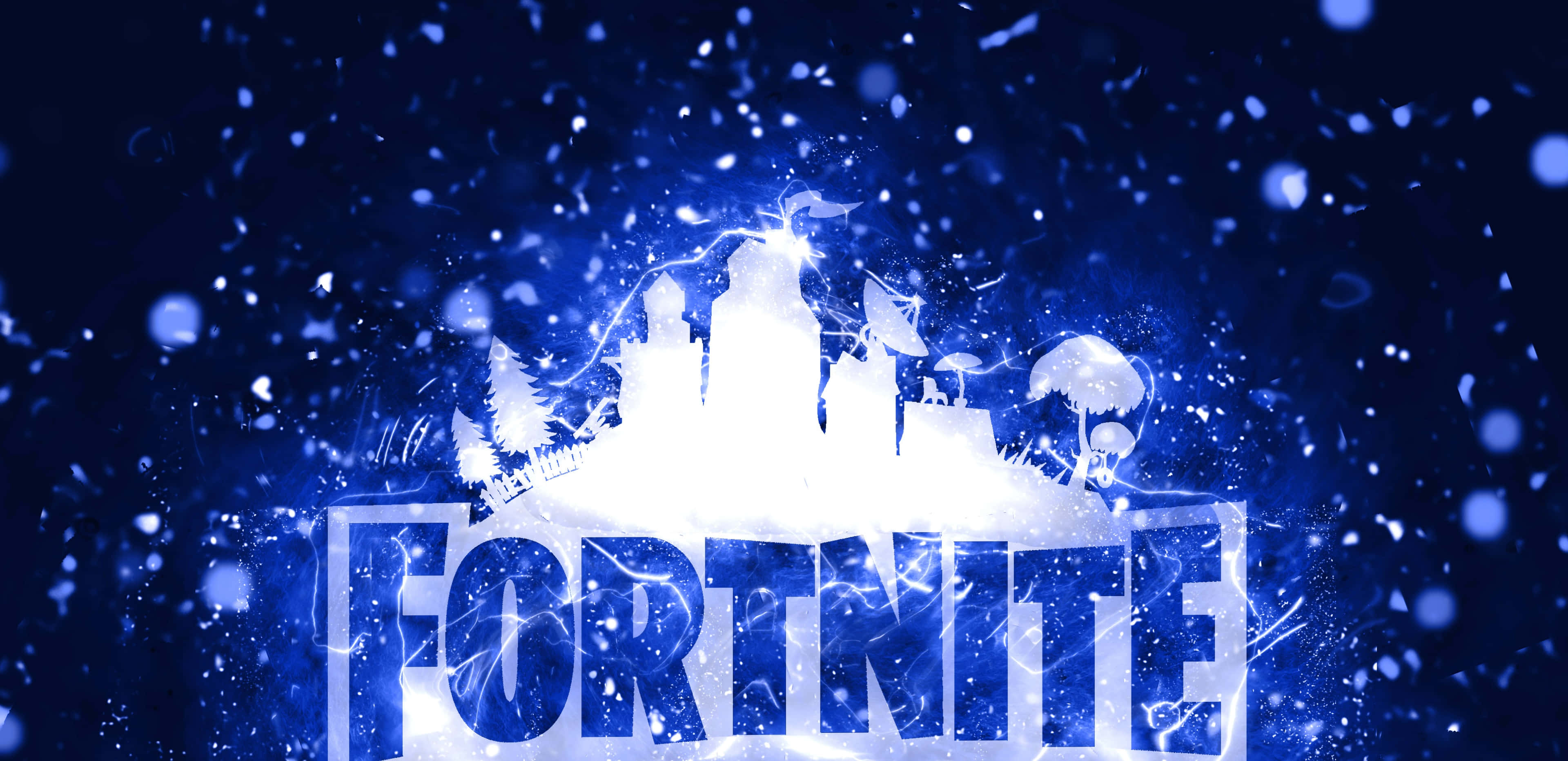 Fortnite logo, electric blue energy, snowy night sky, 4K Desktop Wallpaper