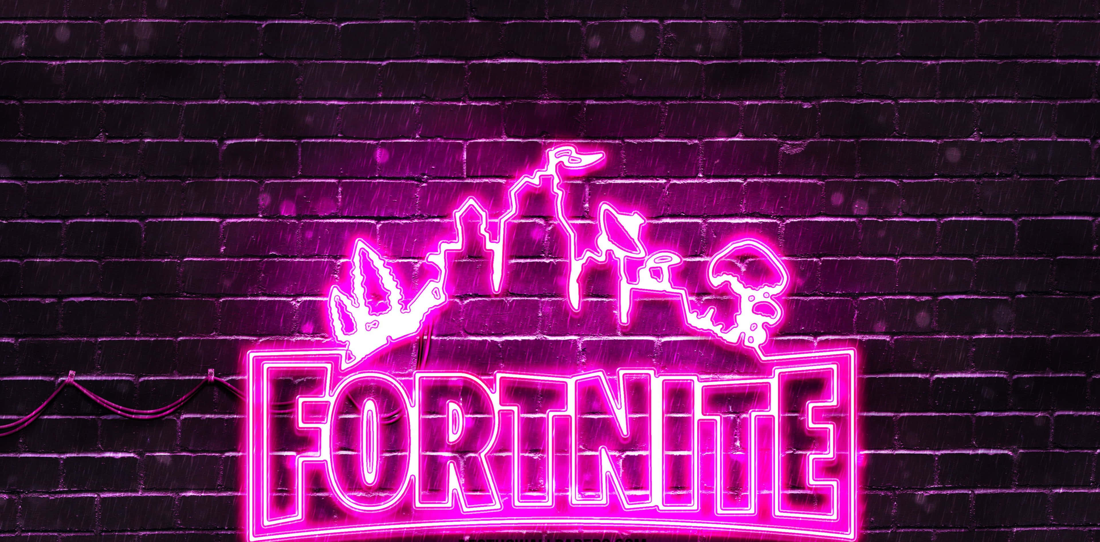 Fortnite, Vibrant pink neon, dark wet brick wall, 4K Desktop Wallpaper