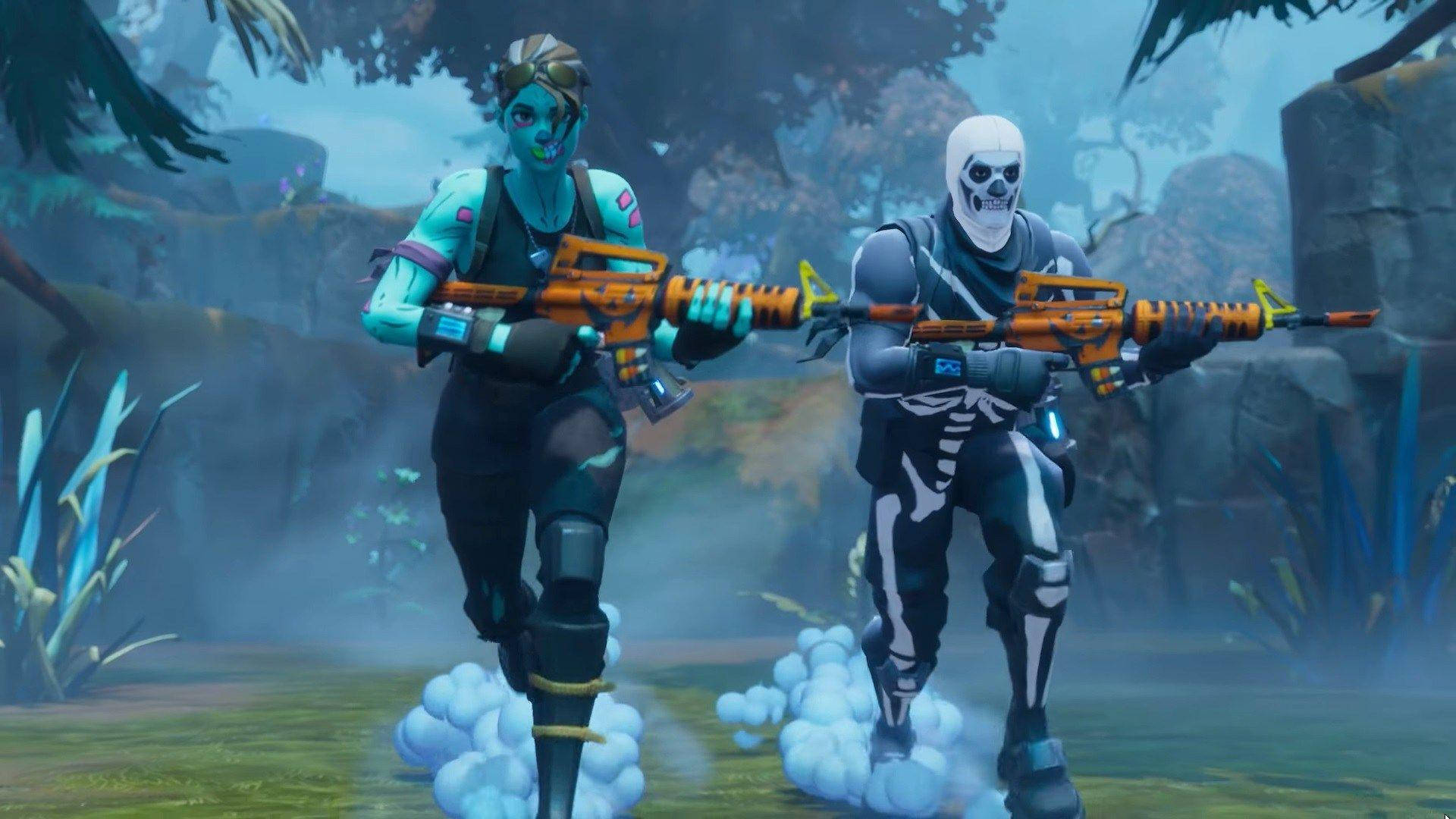 Fortnite, skull-themed outfits, misty jungle, Full HD Desktop Wallpaper