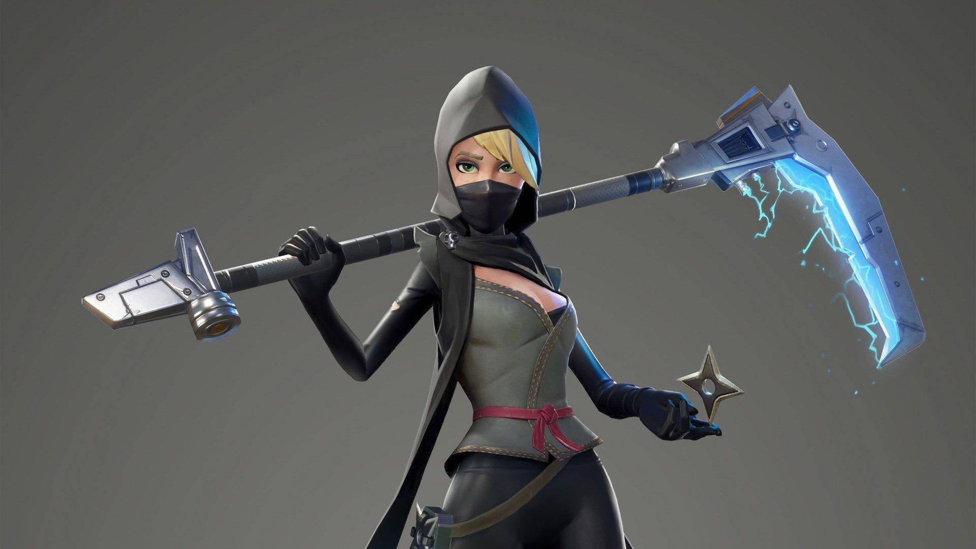 female ninja, glowing blue energy axe, shuriken, Full HD Desktop Wallpaper