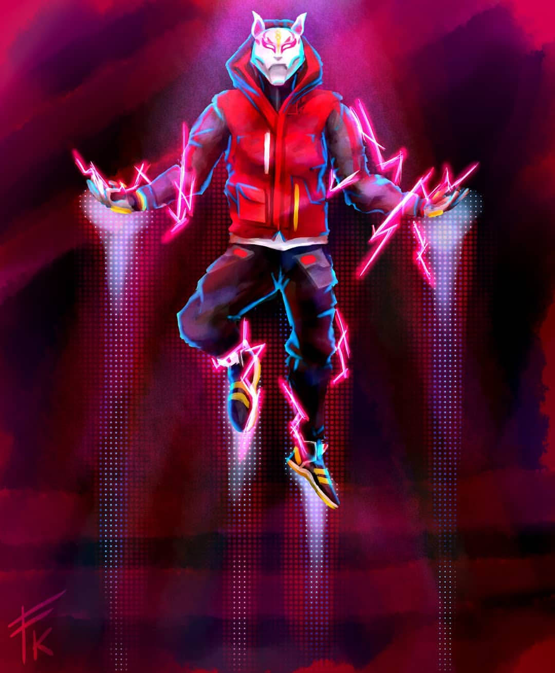 cyberpunk fox-masked figure, red hoodie, neon lightning, HD Phone Wallpaper